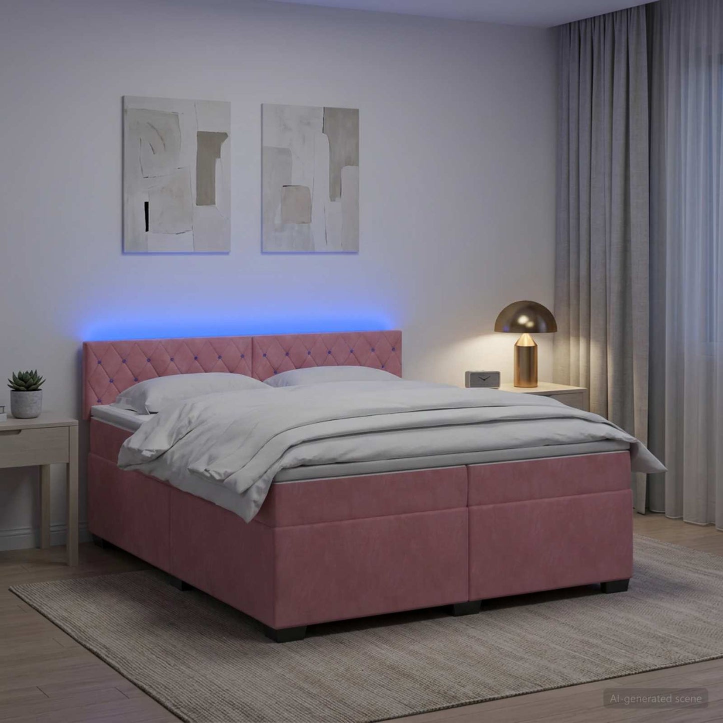 vidaXL Κρεβάτι Box Spring με Στρώμα και LED Ροζ 200 x 200 cm Βελούδο