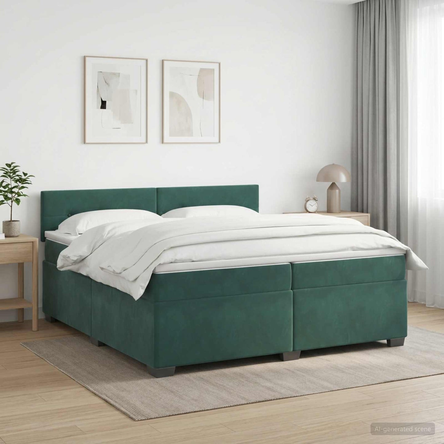 vidaXL Κρεβάτι Box Spring με Στρώμα και LED Σκούρο Πράσινο Βελούδο