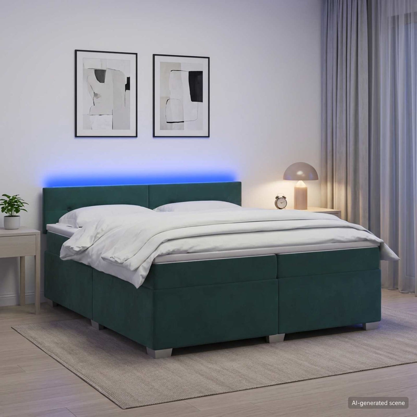 vidaXL Κρεβάτι Box Spring με Στρώμα και LED Σκούρο Πράσινο Βελούδο