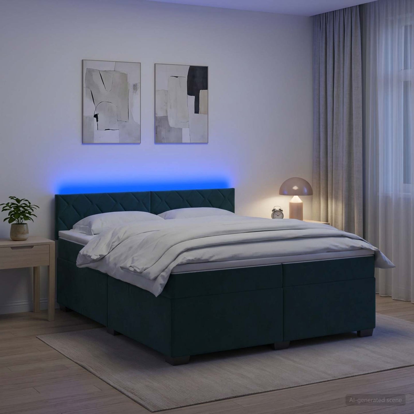 vidaXL Κρεβάτι Box Spring με Στρώμα και LED Σκούρο Πράσινο Βελούδο