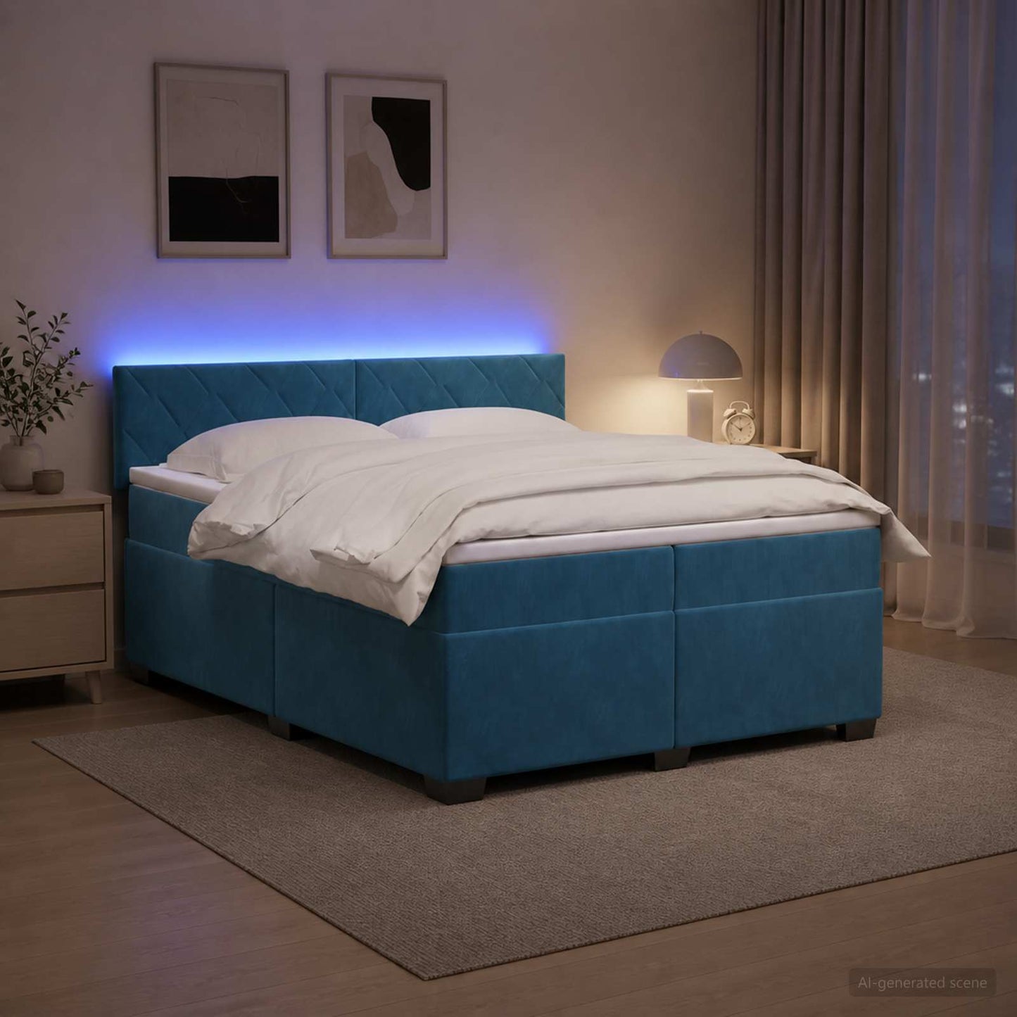 vidaXL Κρεβάτι Box Spring με Στρώμα και LED Μπλε 200 x 200 cm Βελούδο