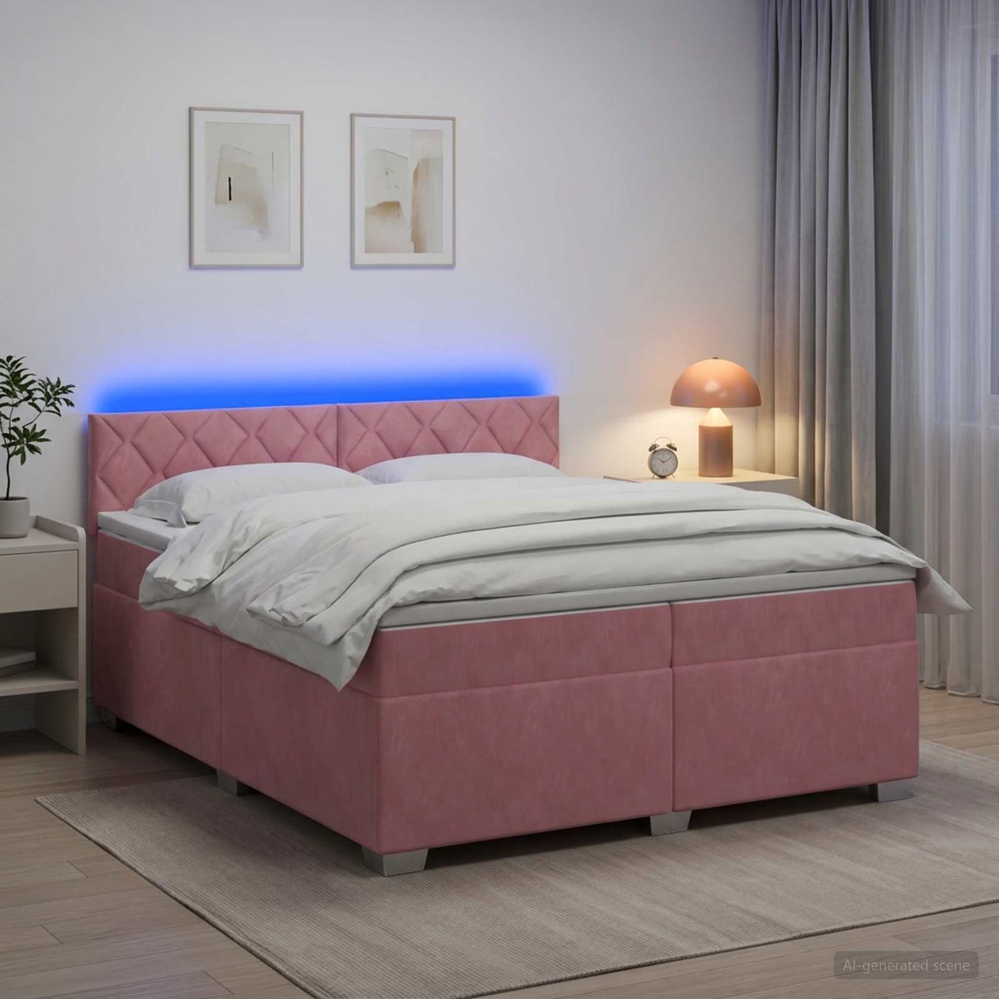 vidaXL Κρεβάτι Box Spring με Στρώμα και LED Ροζ 200 x 200 cm Βελούδο