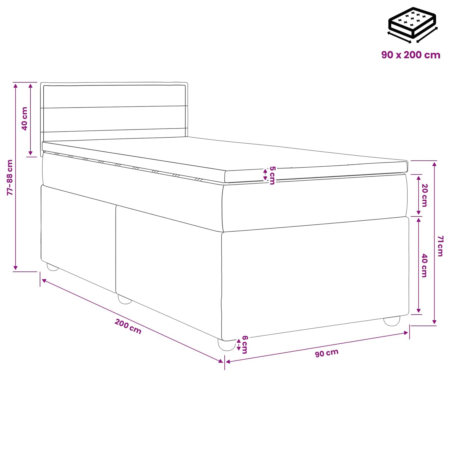 vidaXL Κρεβάτι box spring με στρώμα Μαύρο 90 x 200 cm Ύφασμα