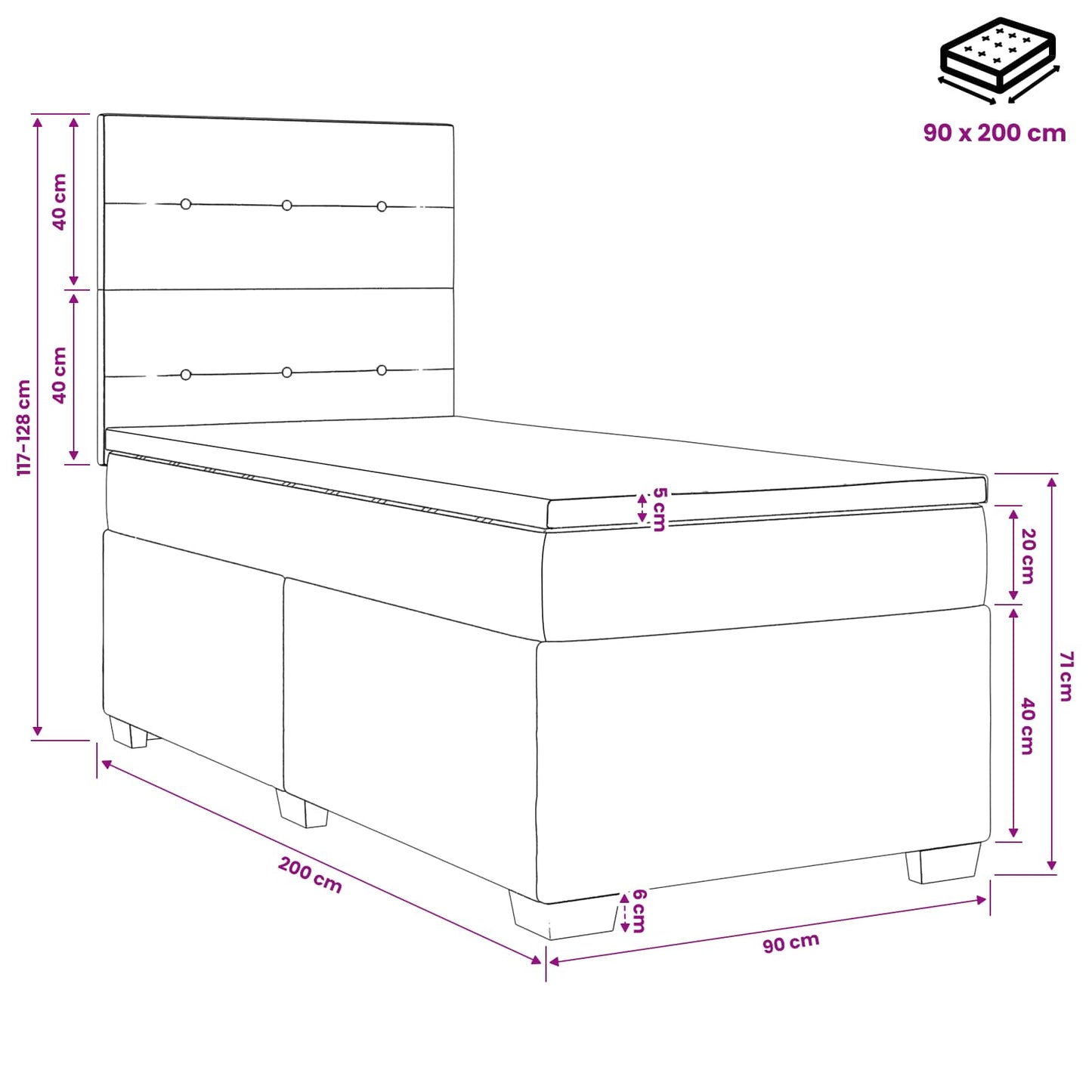 vidaXL Κρεβάτι box spring με στρώμα Σκούρο Γκρι 90 x 200 cm Ύφασμα