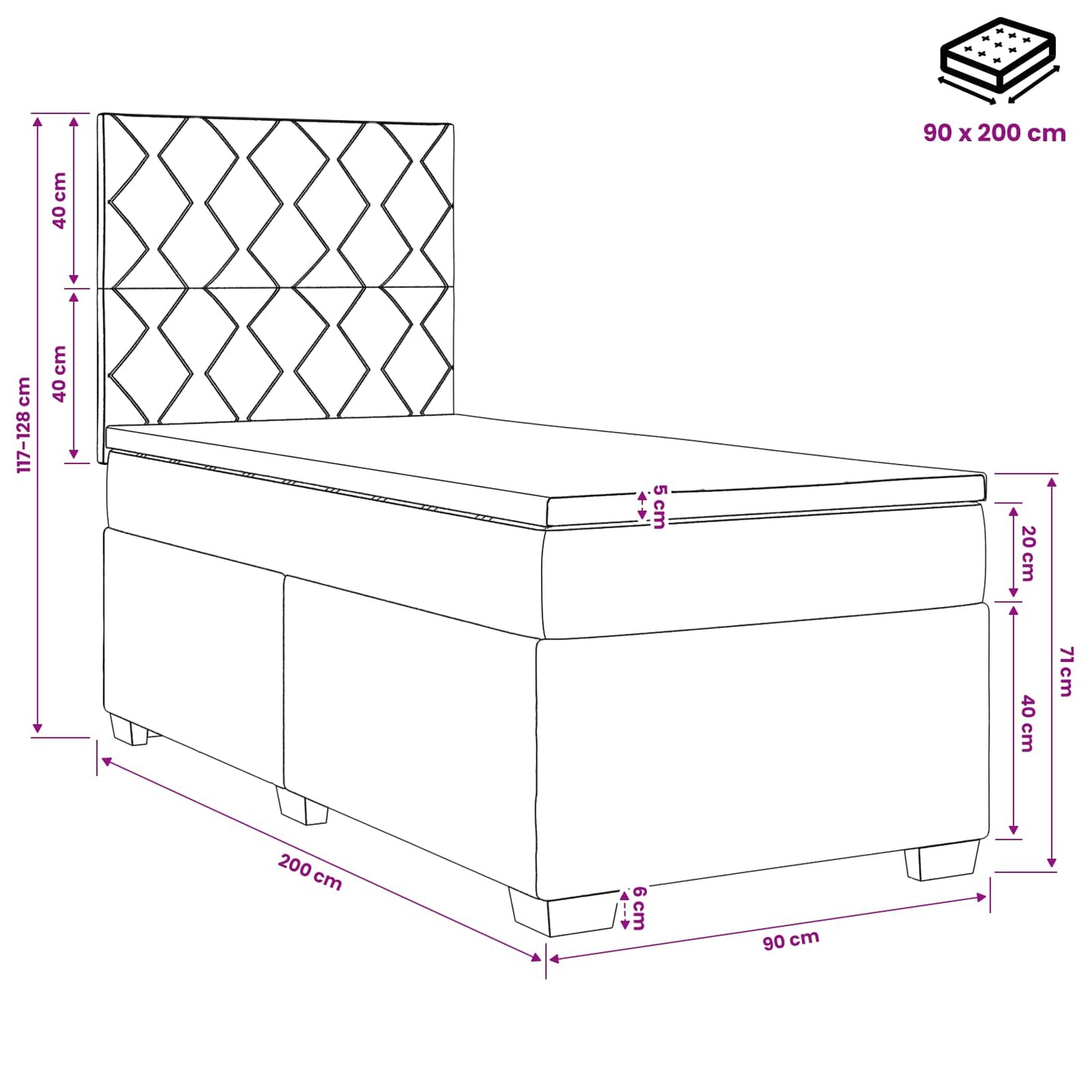 vidaXL Κρεβάτι box spring με στρώμα Σκούρο Γκρι 90 x 200 cm Ύφασμα