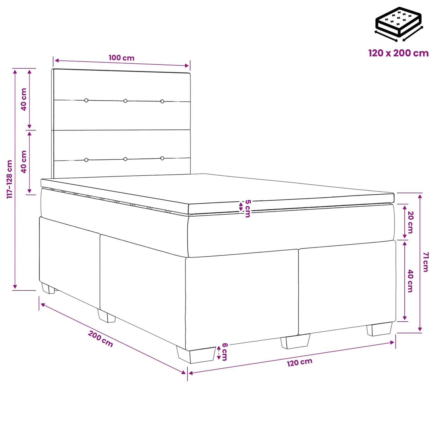 vidaXL Κρεβάτι box spring με στρώμα Μαύρο 120 x 200 cm Ύφασμα