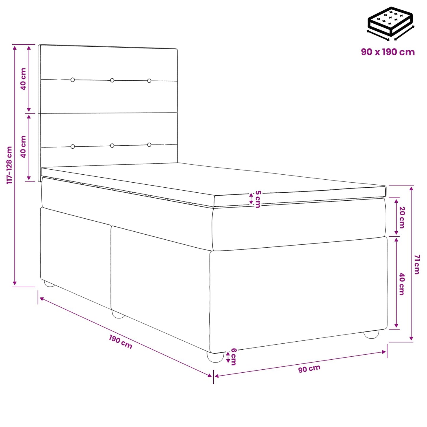 vidaXL Κρεβάτι box spring με στρώμα Σκούρο Γκρι Μονό Ύφασμα
