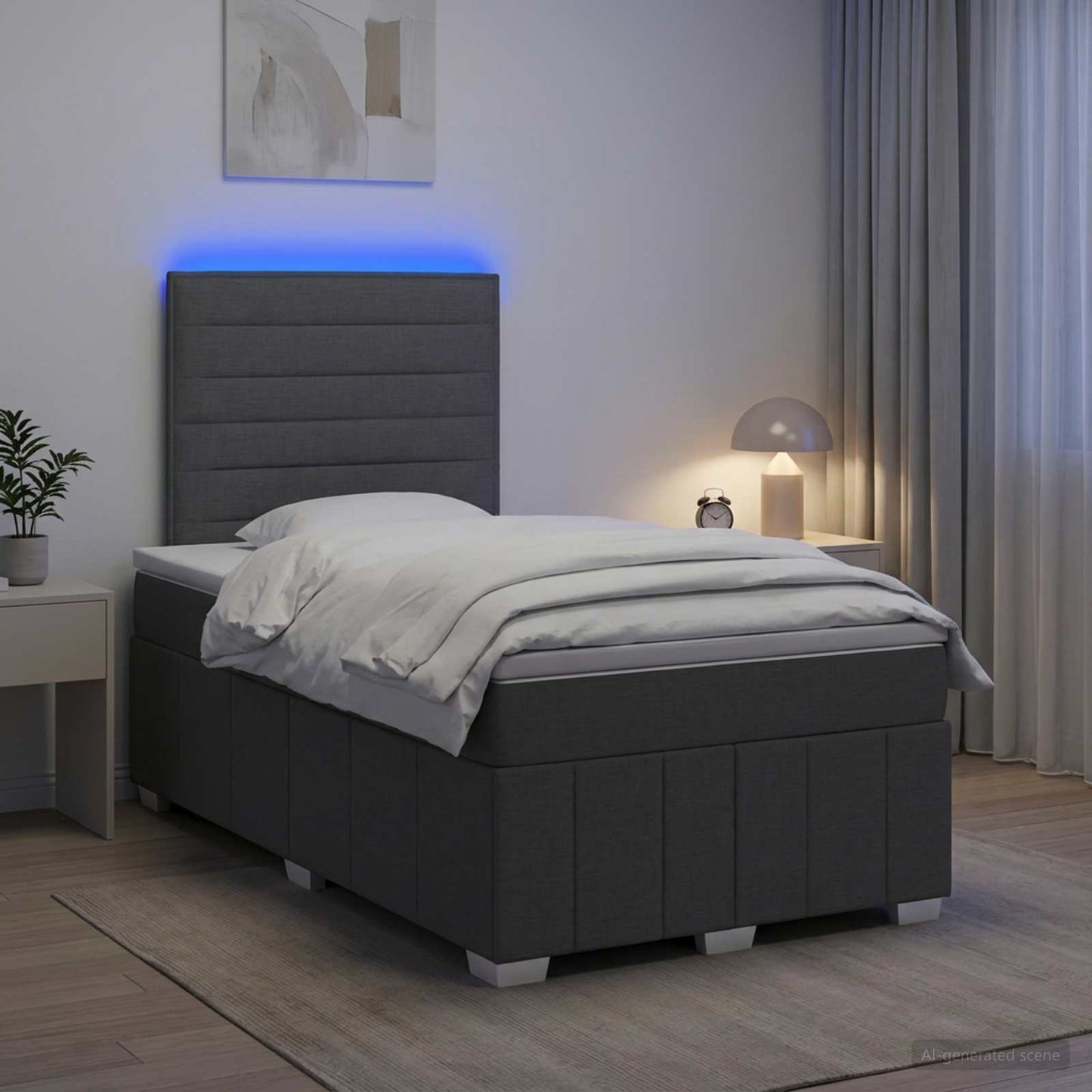 vidaXL Κρεβάτι με κουτί ελατηρίου LED και στρώμα Σκούρο Γκρι Ύφασμα