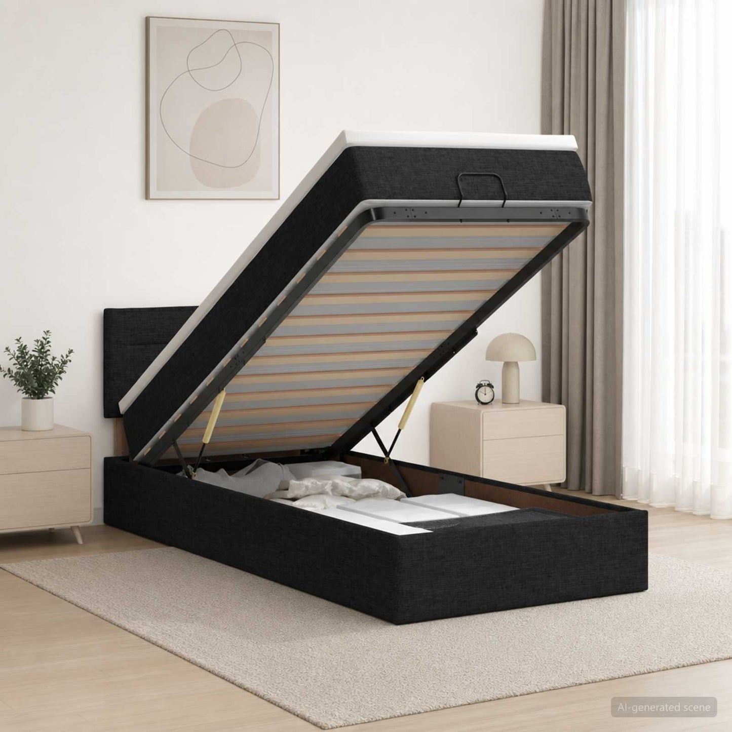 vidaXL Κρεβάτι Ottoman με στρώμα με κεφαλάρι Μαύρο 90 x 190 cm Ύφασμα