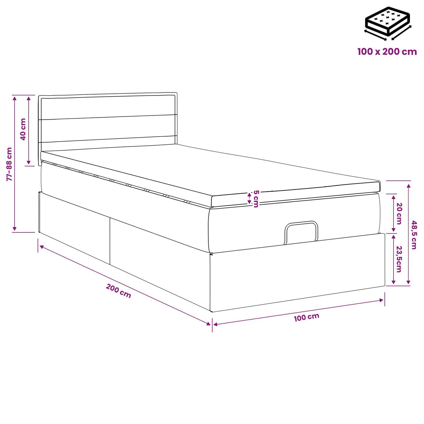 vidaXL Κρεβάτι Ottoman με στρώμα με κεφαλάρι Κρεμ 100 x 200 cm Ύφασμα