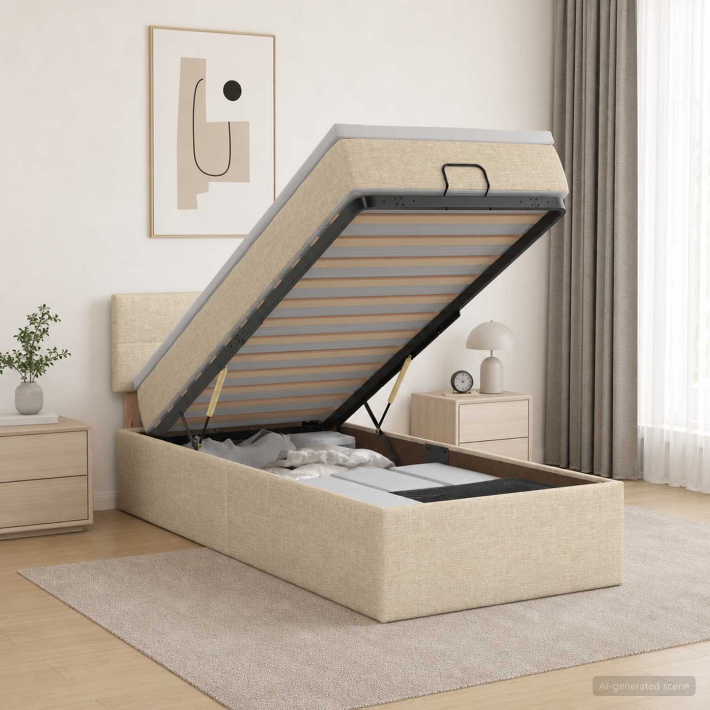 vidaXL Κρεβάτι Ottoman με Στρώμα και LED Κρεμ 90 x 190 cm Ύφασμα