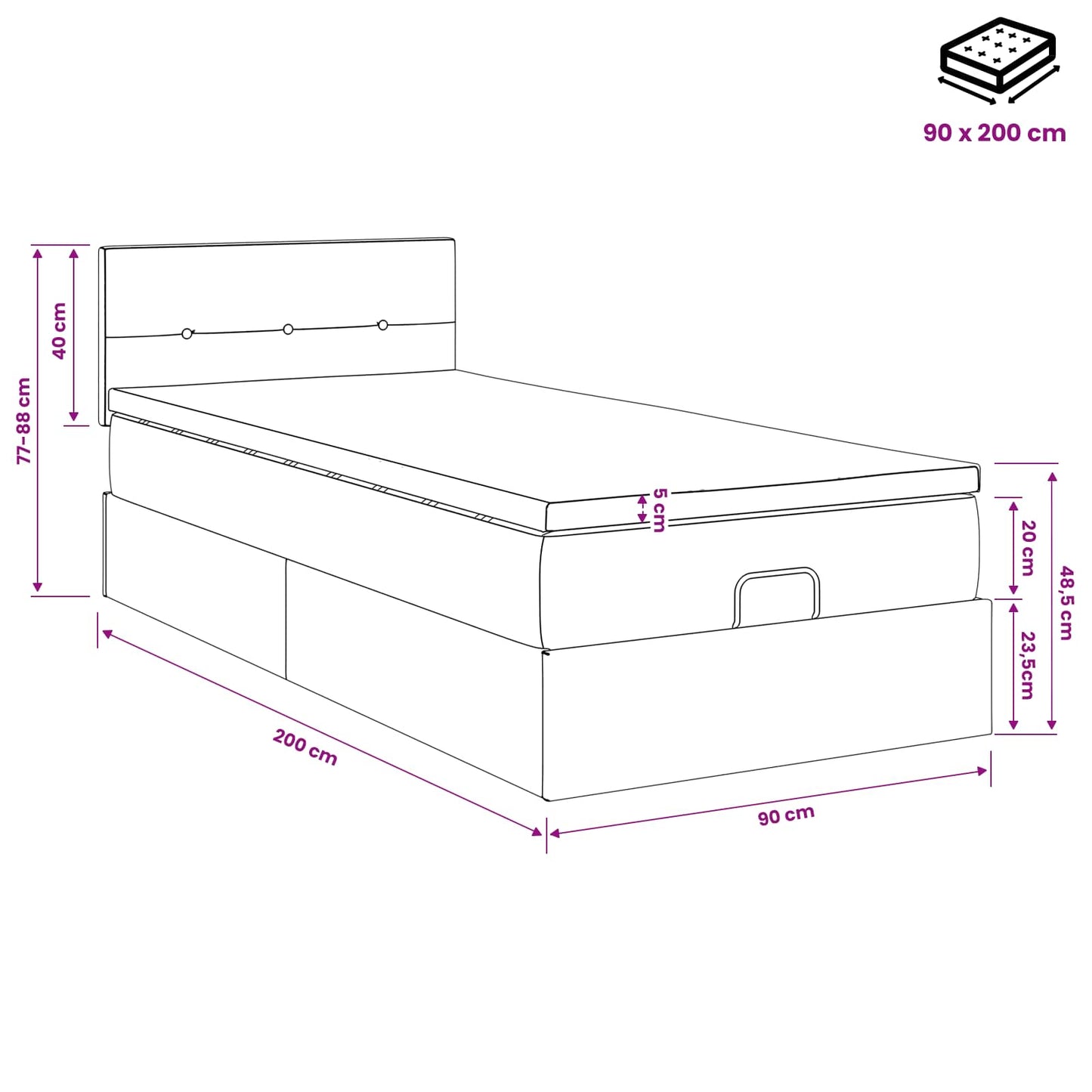 vidaXL Κρεβάτι Ottoman με στρώμα με κεφαλάρι Μαύρο 90 x 200 cm Ύφασμα
