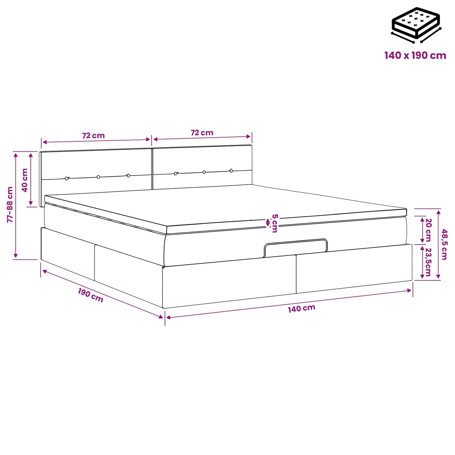 vidaXL Κρεβάτι Ottoman με στρώμα Σκούρο Γκρι 140 x 190 cm Ύφασμα