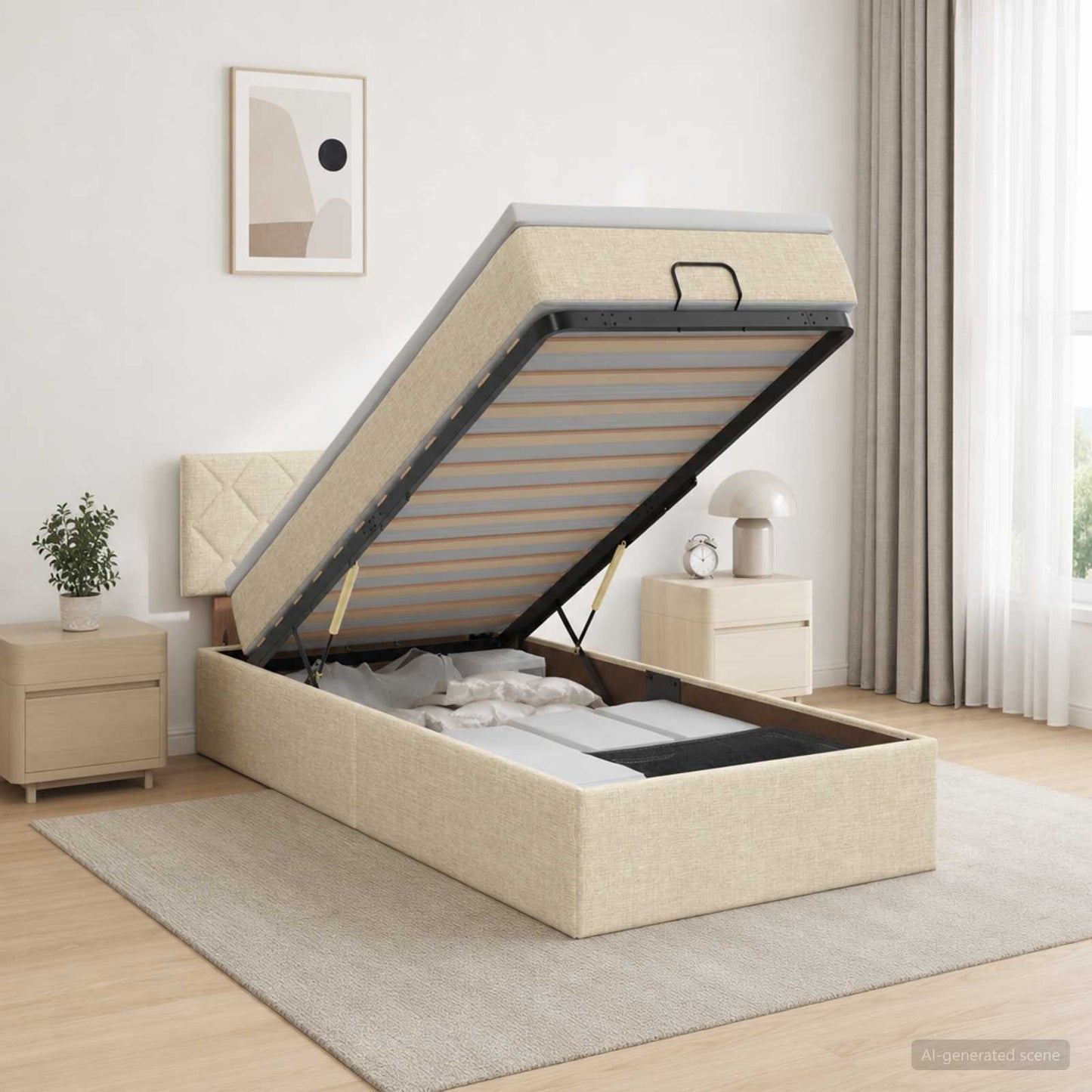 vidaXL Κρεβάτι Ottoman με στρώμα με κεφαλάρι Κρεμ 100 x 200 cm Ύφασμα