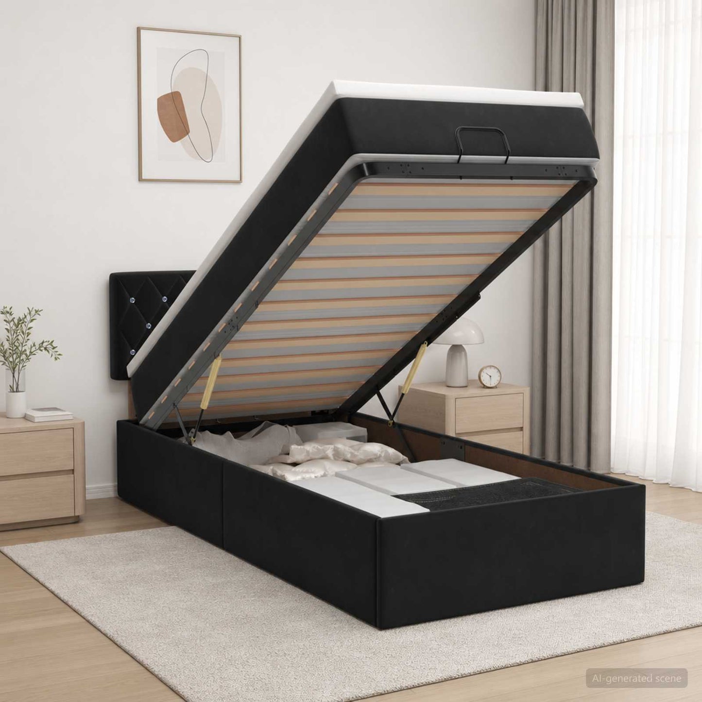 vidaXL Κρεβάτι Ottoman με Στρώμα και LED Μαύρο 90 x 200 cm Βελούδο