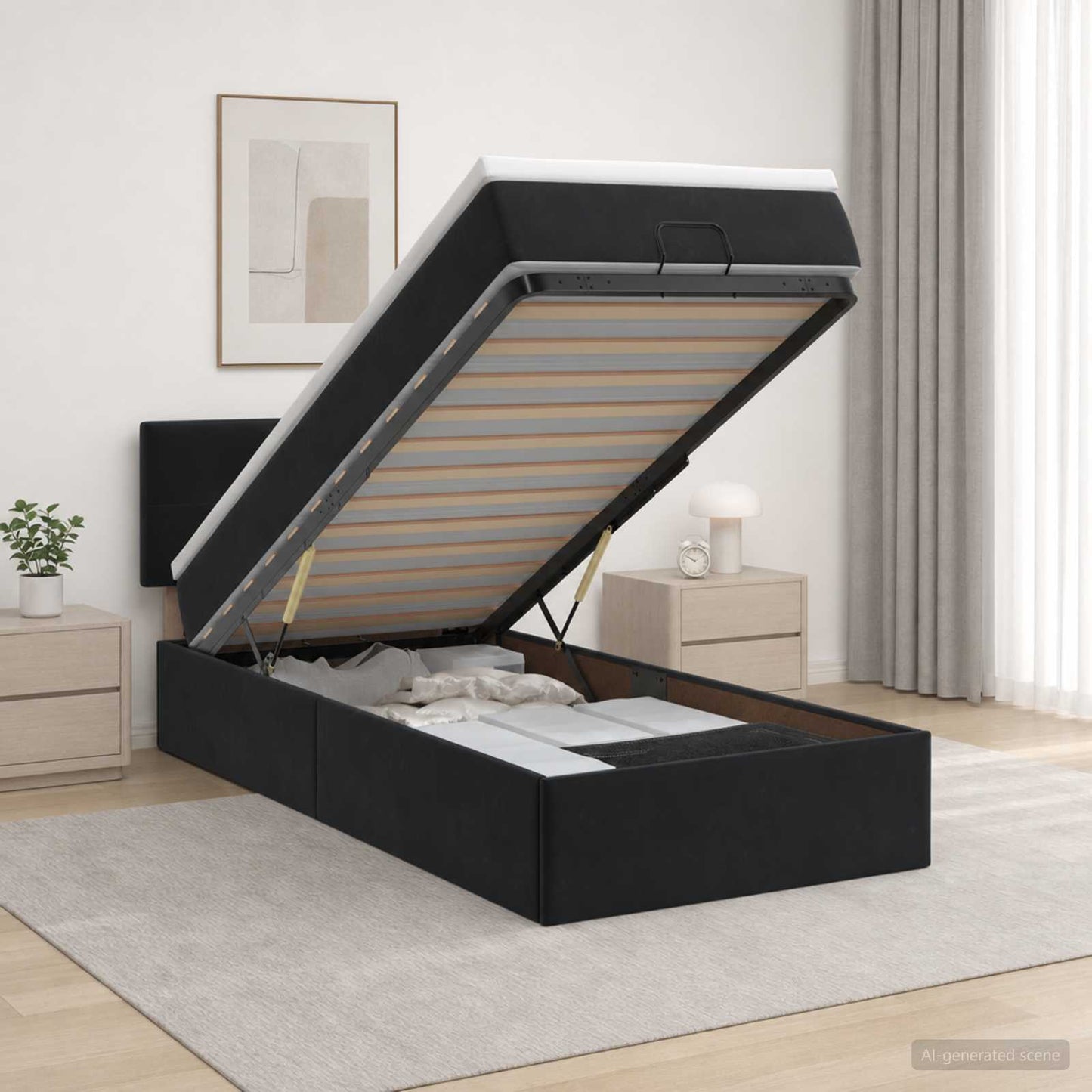 vidaXL Κρεβάτι Ottoman με Στρώμα και LED Μαύρο 90 x 190 cm Βελούδο