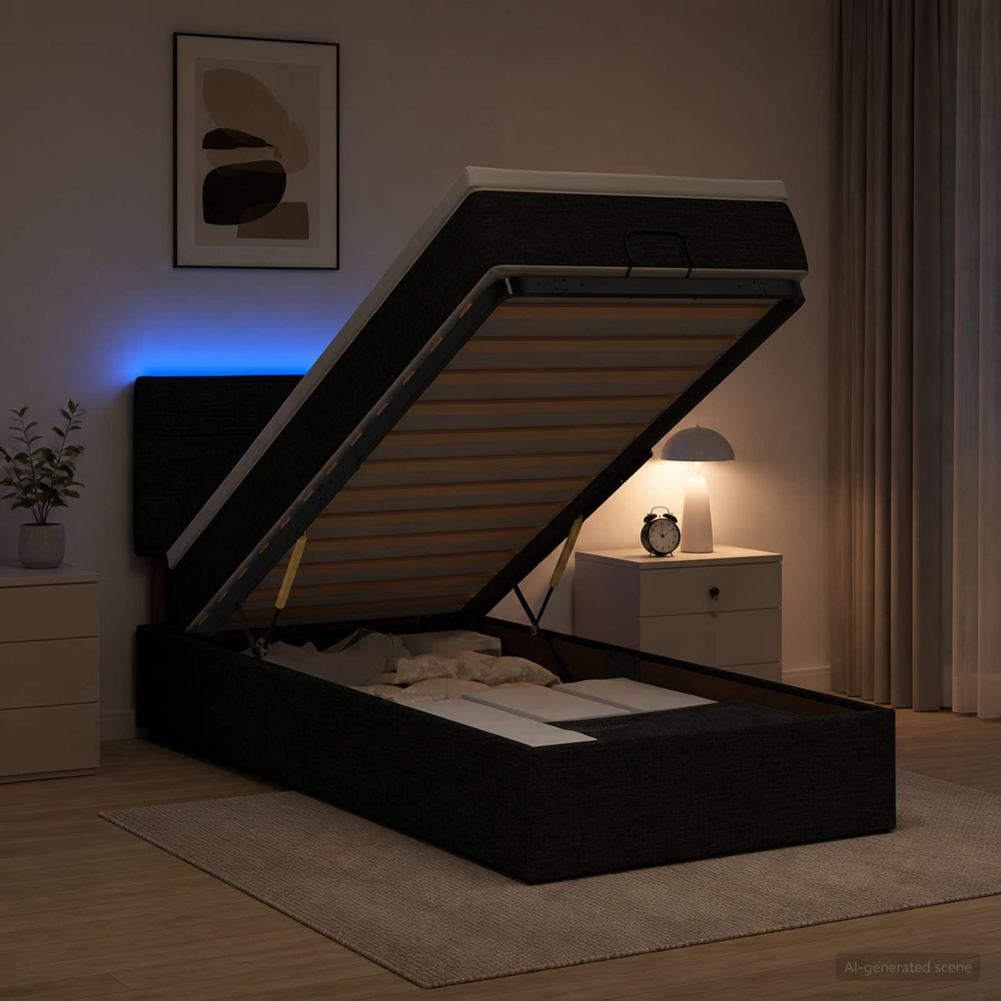vidaXL Κρεβάτι Ottoman με Στρώμα και LED Μαύρο 100 x 200 cm Ύφασμα