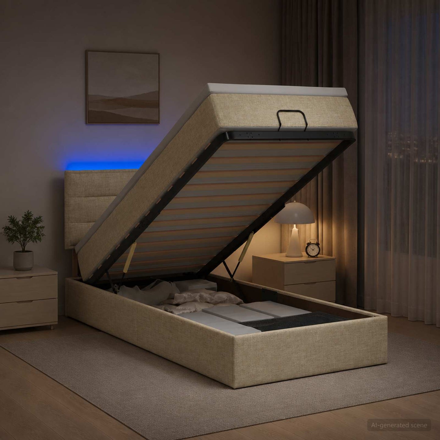 vidaXL Κρεβάτι Ottoman με Στρώμα και LED Κρεμ 100 x 200 cm Ύφασμα