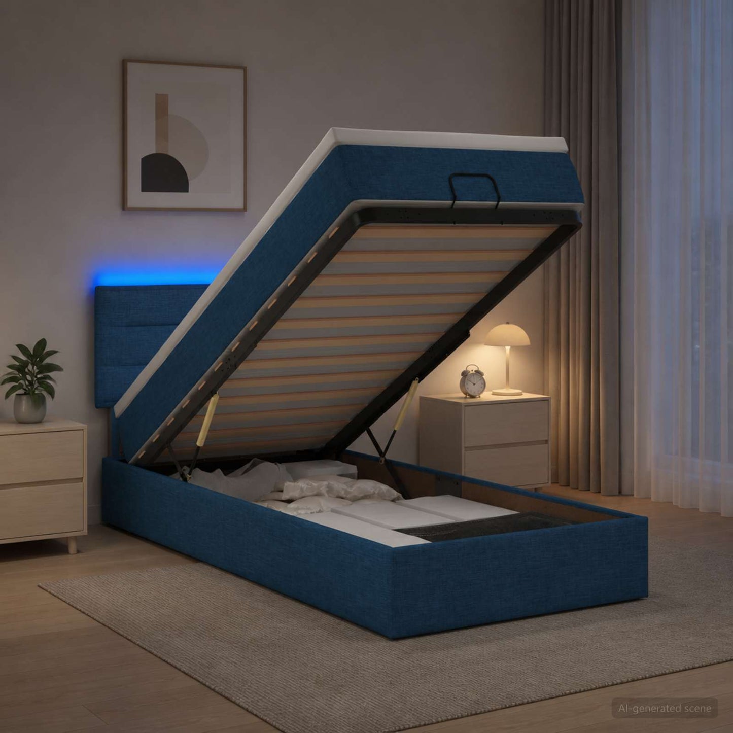 vidaXL Κρεβάτι Ottoman με Στρώμα και LED Μπλε 90 x 190 cm Ύφασμα