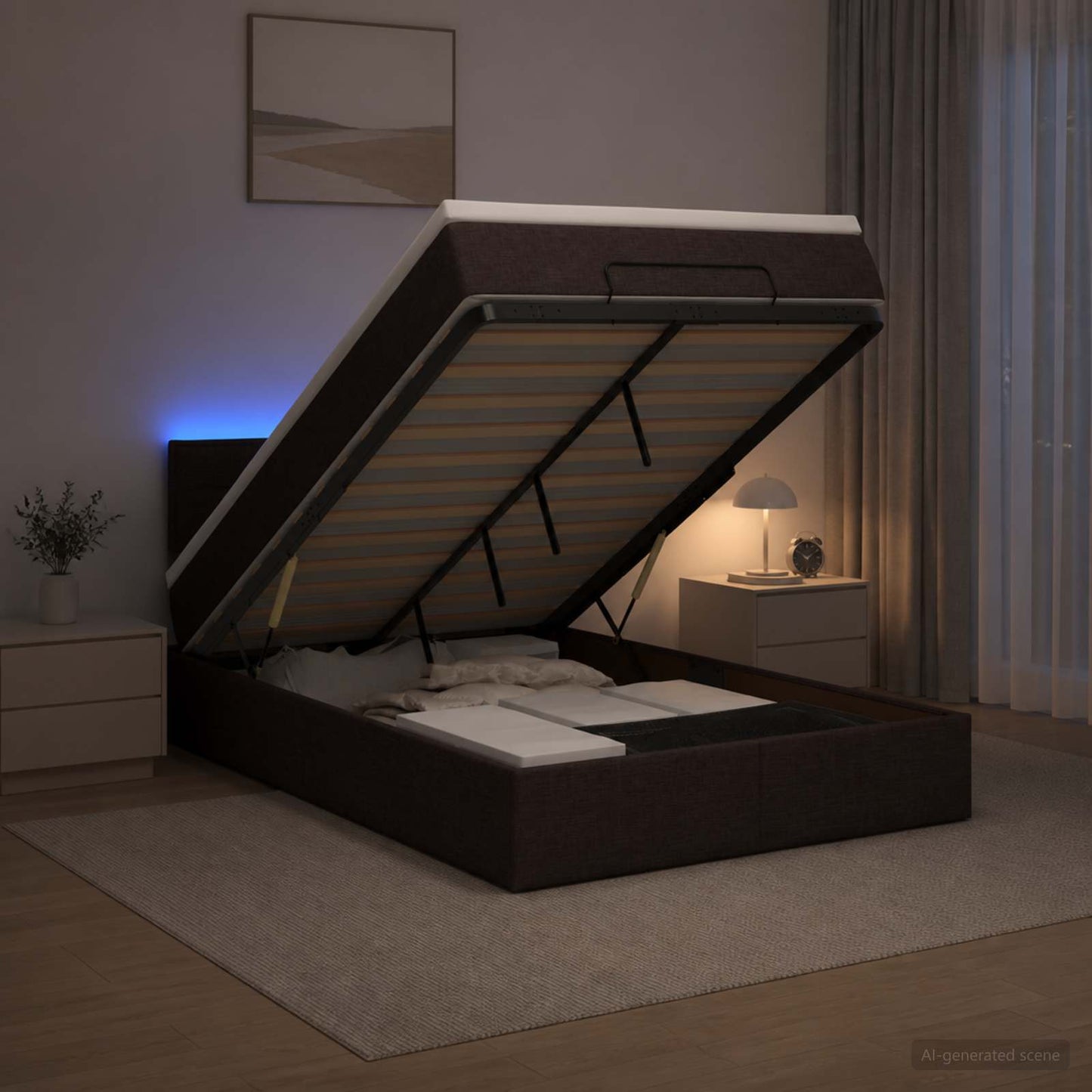 vidaXL Κρεβάτι Ottoman με Στρώμα και LED Σκούρο Καφέ 120 x 200 cm