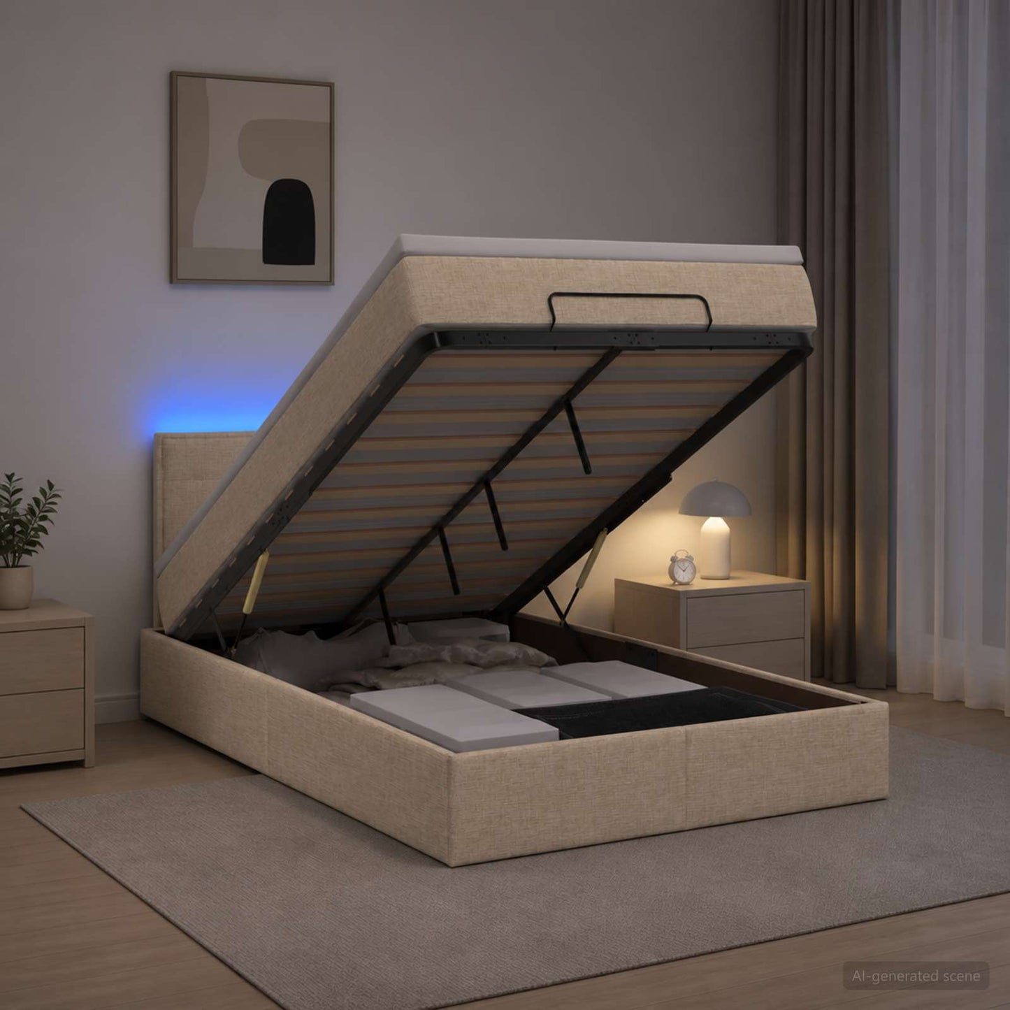 vidaXL Κρεβάτι Ottoman με Στρώμα και LED Κρεμ 120 x 200 cm Ύφασμα