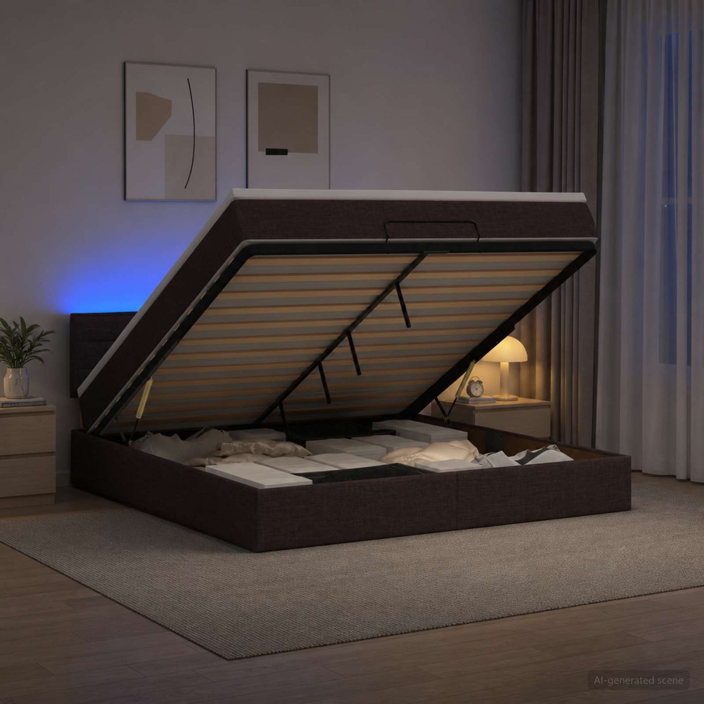 vidaXL Κρεβάτι Ottoman με Στρώμα και LED Σκούρο Καφέ 140 x 190 cm