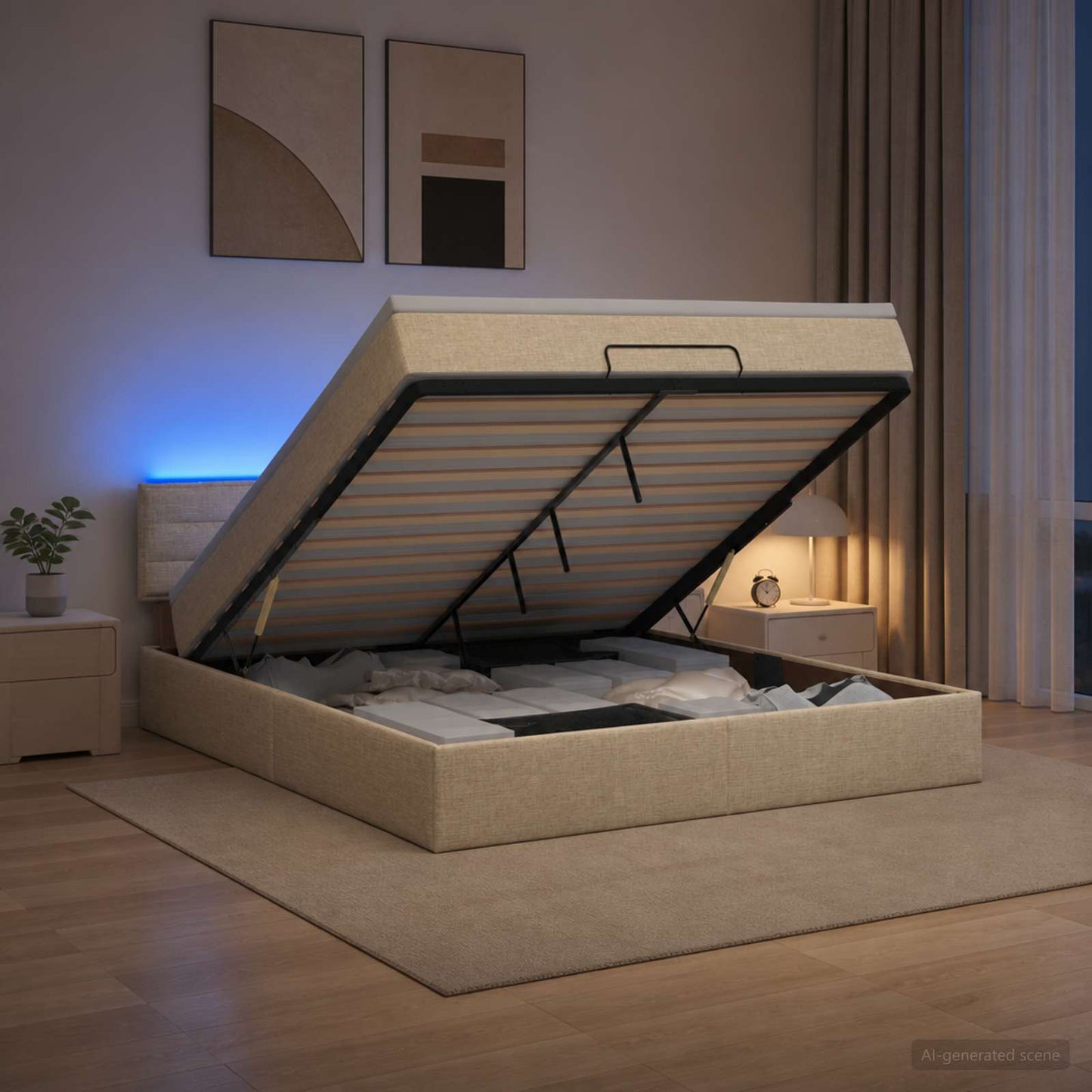 vidaXL Κρεβάτι Ottoman με Στρώμα και LED Κρεμ 140 x 190 cm Ύφασμα