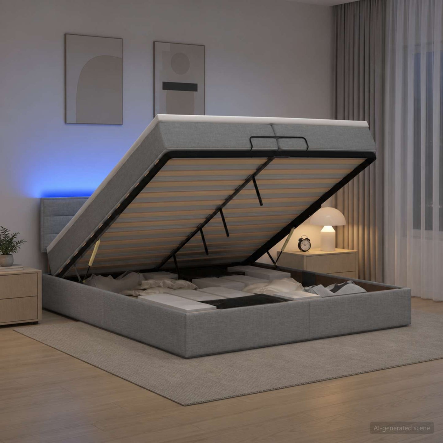 vidaXL Κρεβάτι Ottoman με Στρώμα και LED Ανοιχτό γκρι 200 x 200 cm
