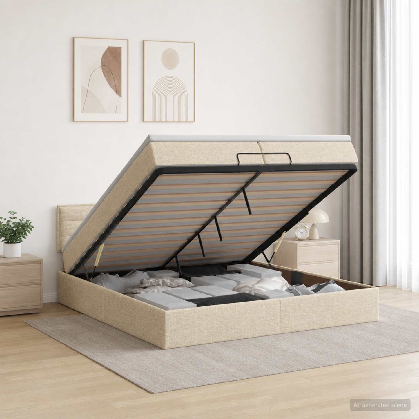 vidaXL Κρεβάτι Ottoman με στρώμα με κεφαλάρι Κρεμ 200 x 200 cm Ύφασμα