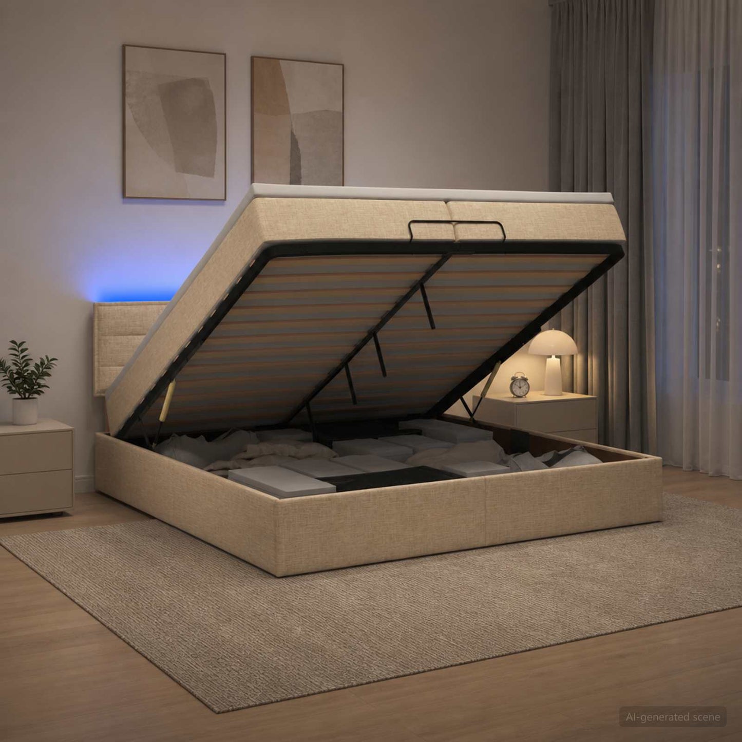vidaXL Κρεβάτι Ottoman με Στρώμα και LED Κρεμ 200 x 200 cm Ύφασμα