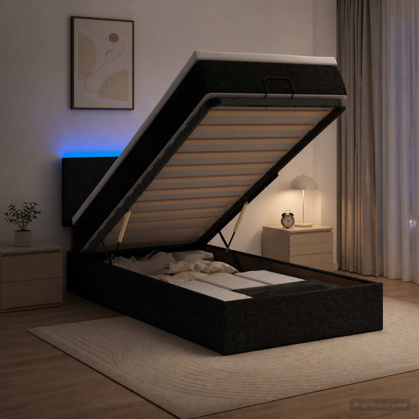 vidaXL Κρεβάτι Ottoman με Στρώμα και LED Μαύρο 80 x 200 cm Ύφασμα