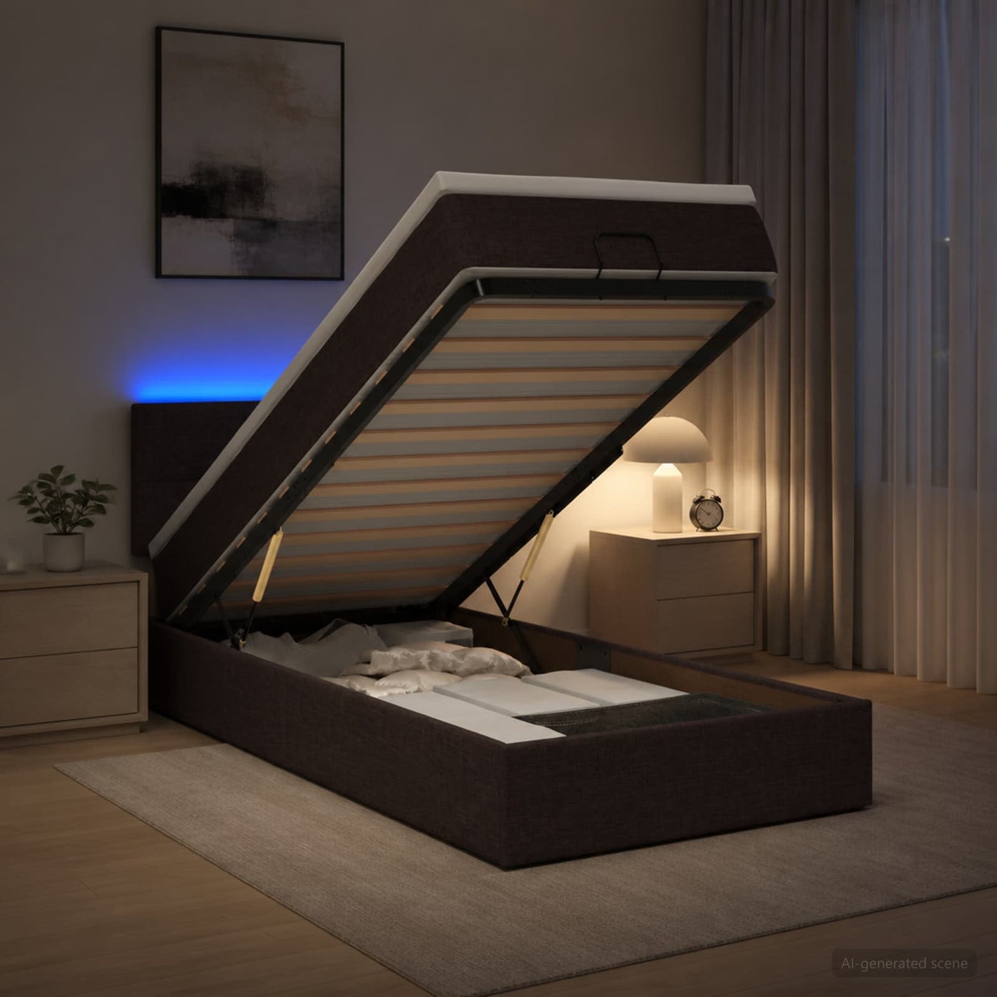 vidaXL Κρεβάτι Ottoman με Στρώμα και LED Σκούρο Καφέ 90 x 190 cm