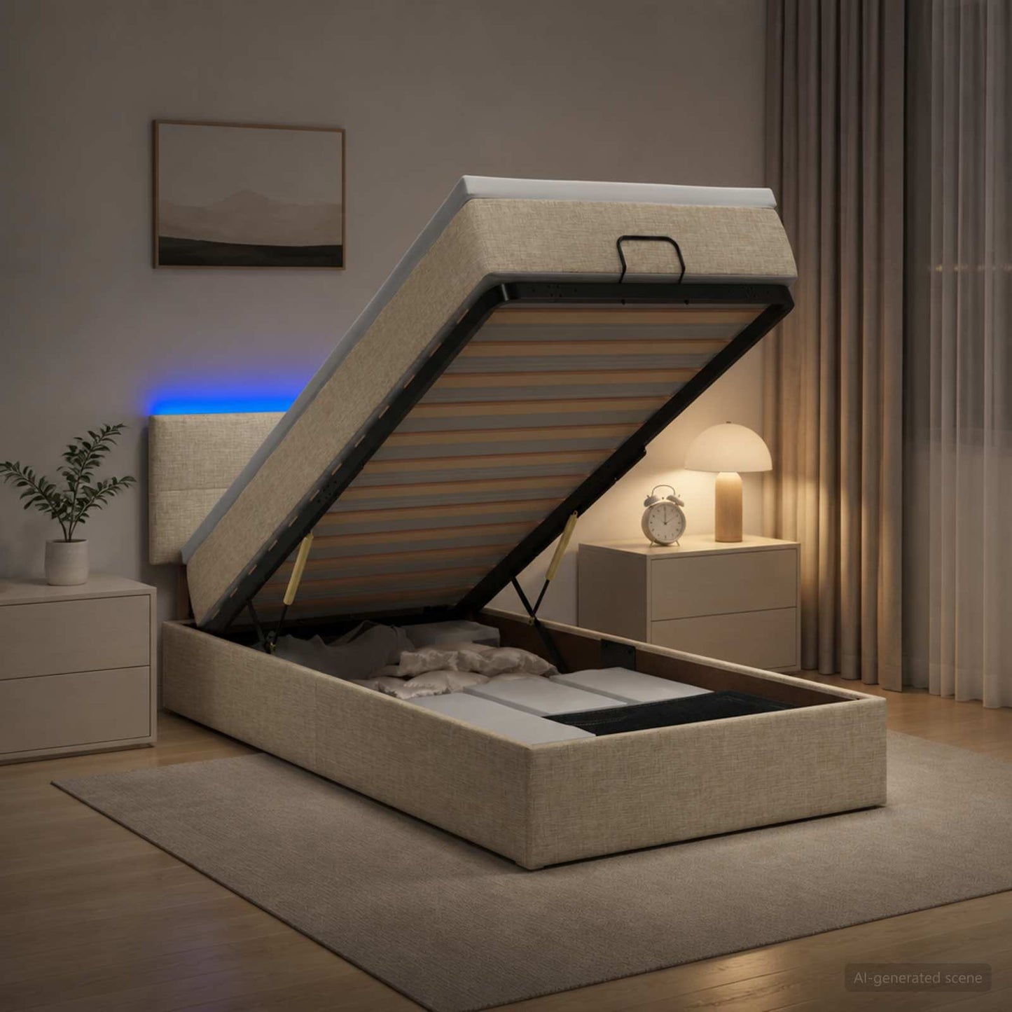 vidaXL Κρεβάτι Ottoman με Στρώμα και LED Κρεμ 90 x 190 cm Ύφασμα