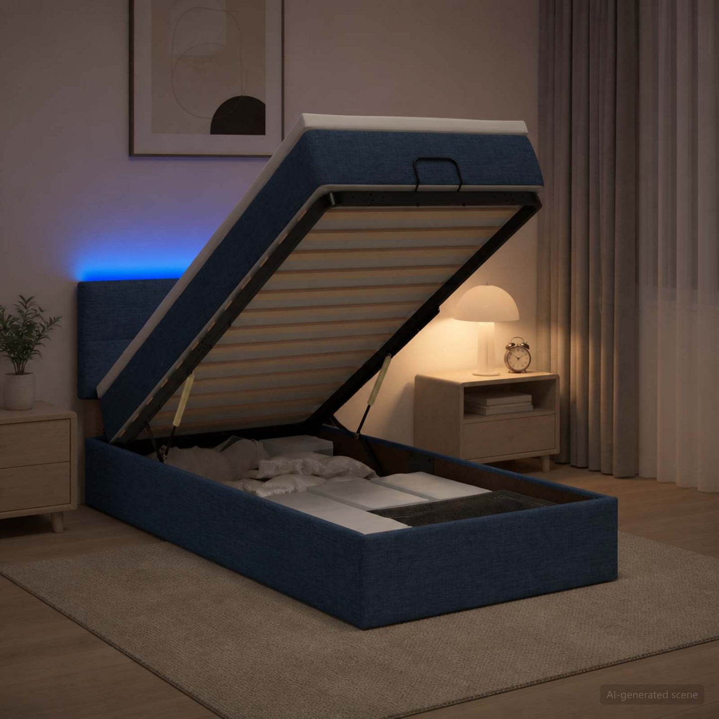 vidaXL Κρεβάτι Ottoman με Στρώμα και LED Μπλε 90 x 190 cm Ύφασμα