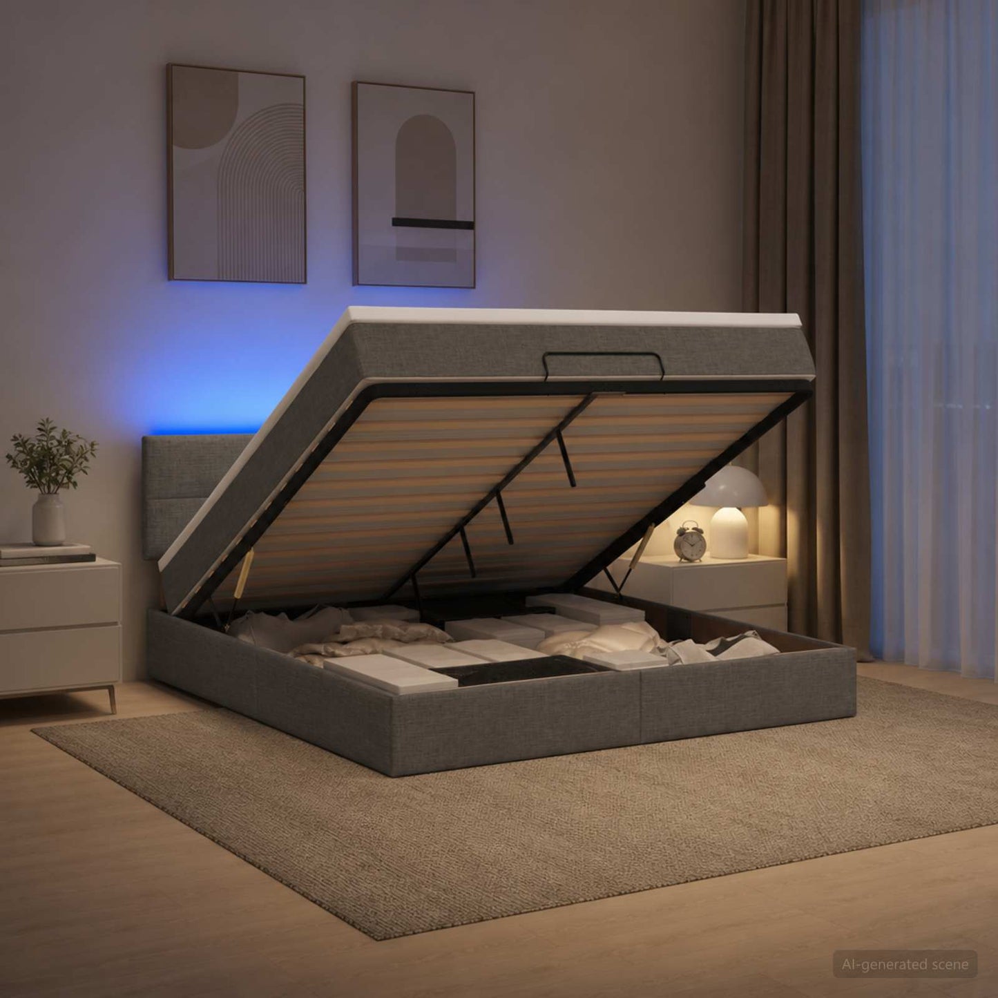 vidaXL Κρεβάτι Ottoman με Στρώμα και LED Σκούρο Γκρι 140 x 200 cm