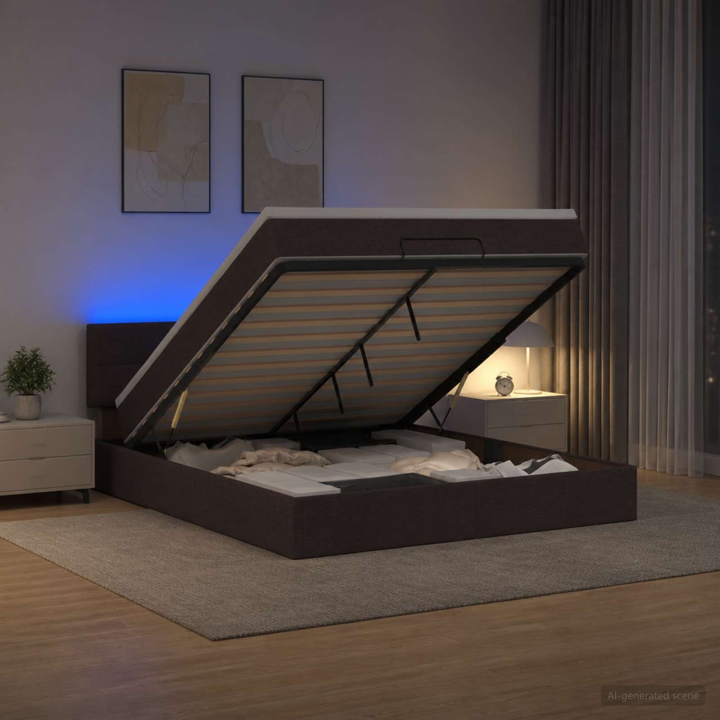 vidaXL Κρεβάτι Ottoman με Στρώμα και LED Σκούρο Καφέ 140 x 200 cm