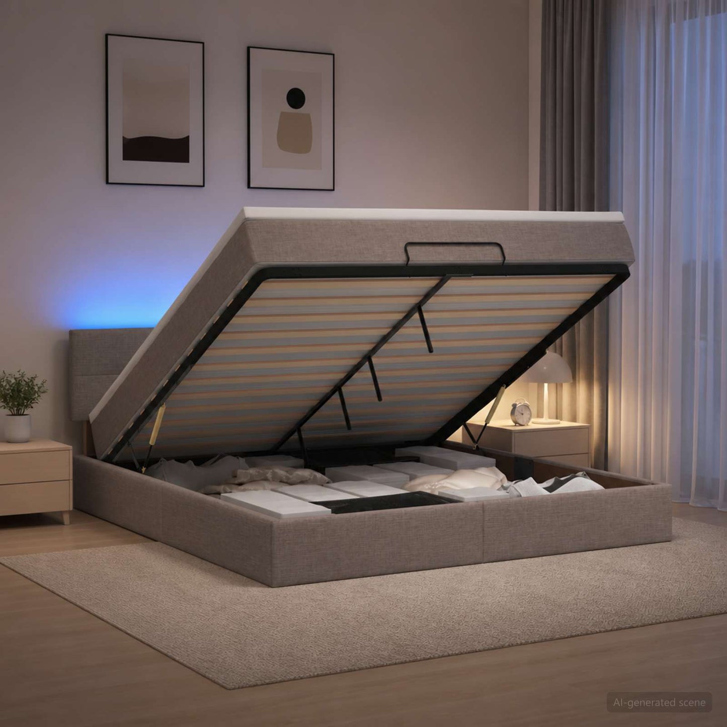 vidaXL Κρεβάτι Ottoman με Στρώμα και LED Taupe 140 x 200 cm Ύφασμα