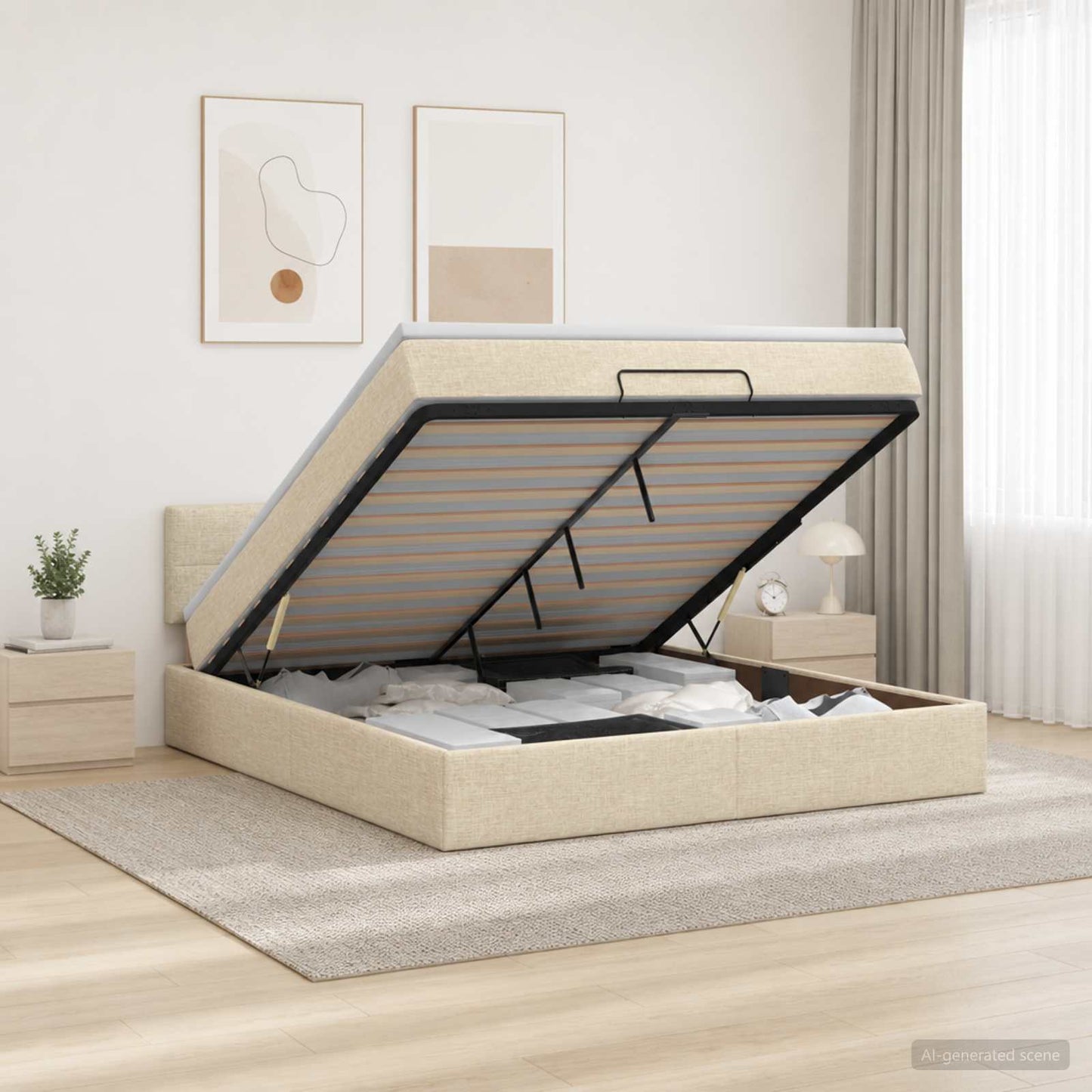 vidaXL Κρεβάτι Ottoman με Στρώμα και LED Κρεμ 140 x 190 cm Ύφασμα
