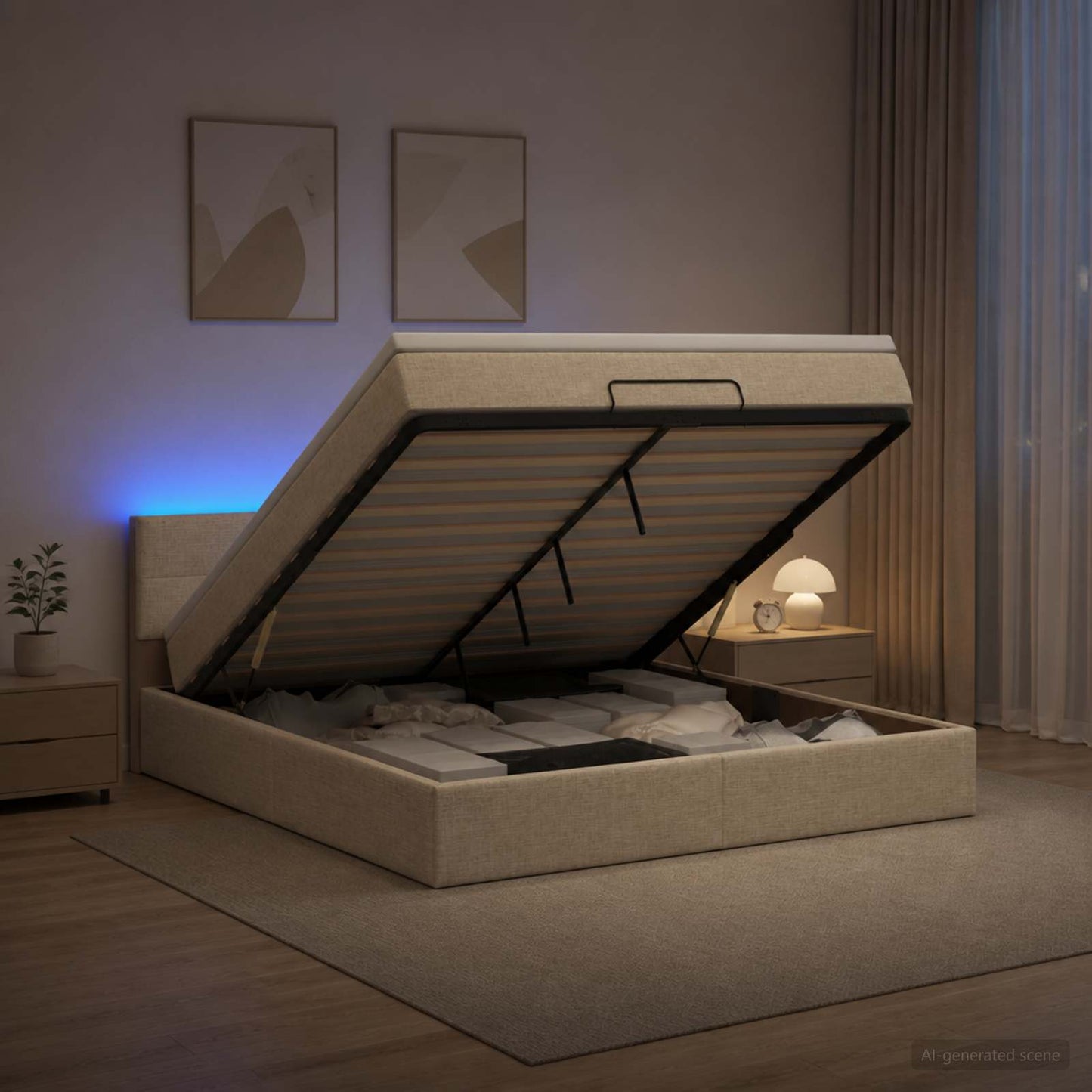 vidaXL Κρεβάτι Ottoman με Στρώμα και LED Κρεμ 160 x 200 cm Ύφασμα