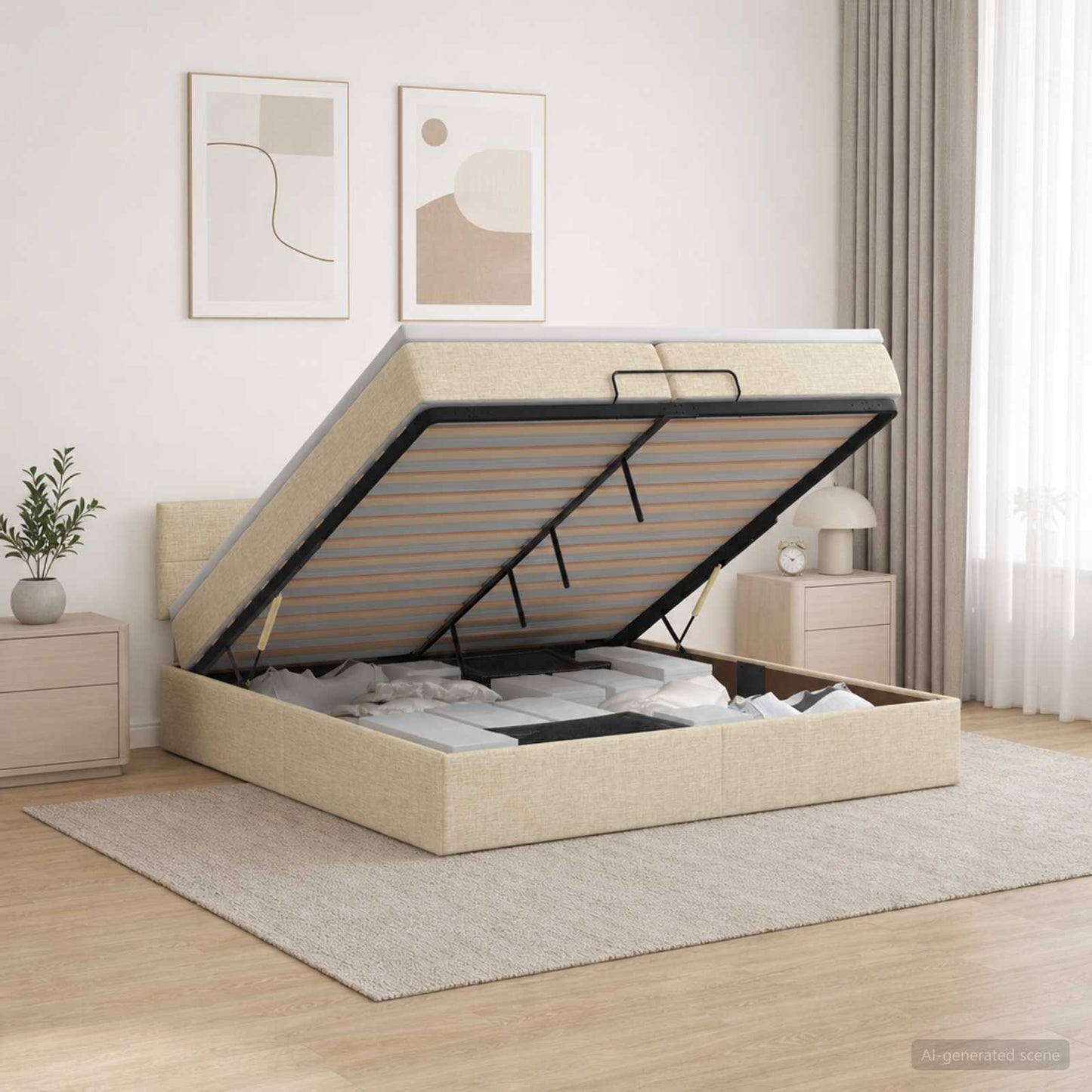 vidaXL Κρεβάτι Ottoman με Στρώμα και LED Κρεμ 200 x 200 cm Ύφασμα
