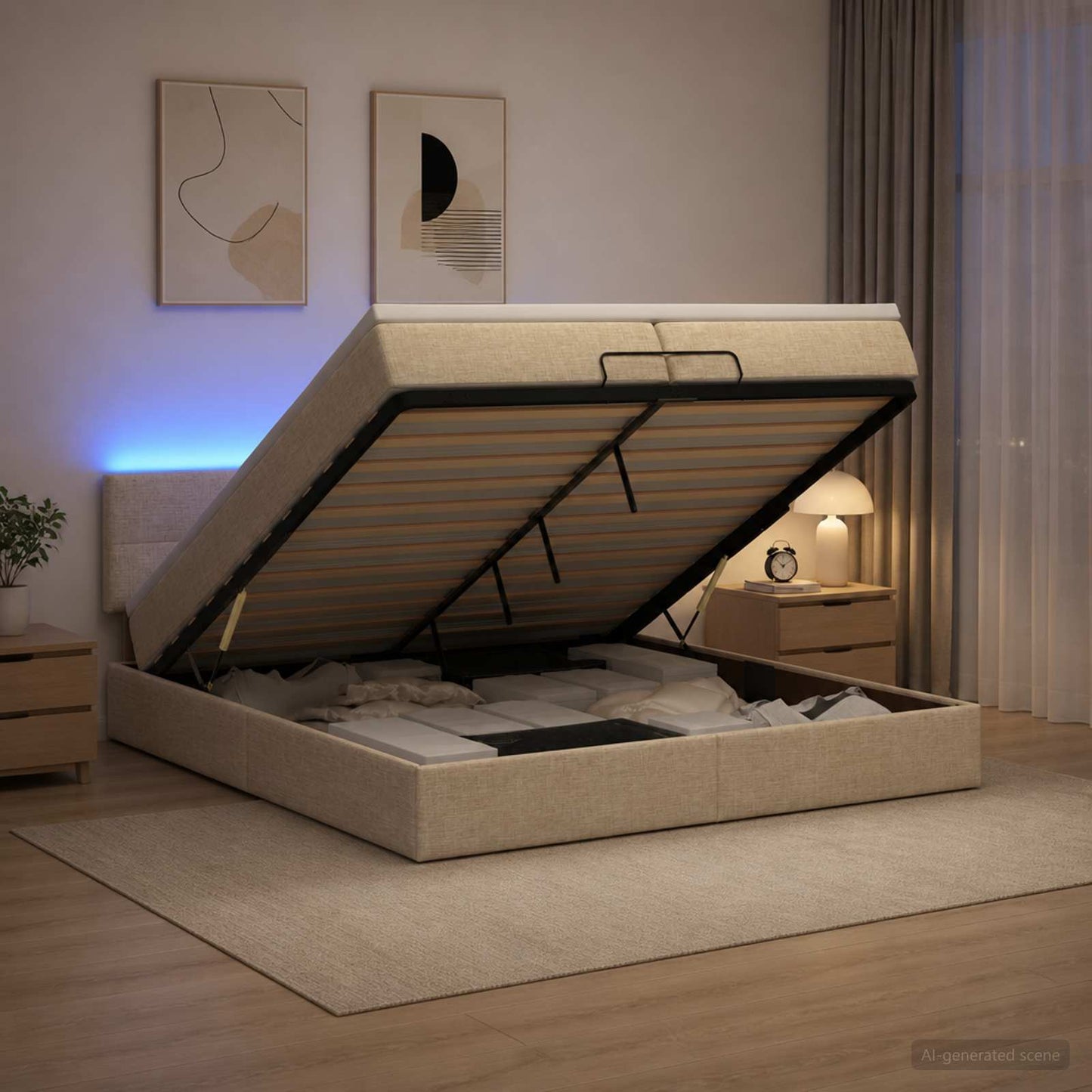 vidaXL Κρεβάτι Ottoman με Στρώμα και LED Κρεμ 200 x 200 cm Ύφασμα