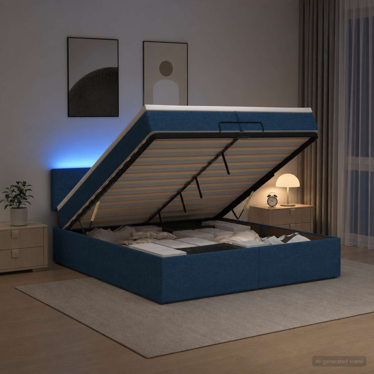 vidaXL Κρεβάτι Ottoman με Στρώμα και LED Μπλε 200 x 200 cm Ύφασμα