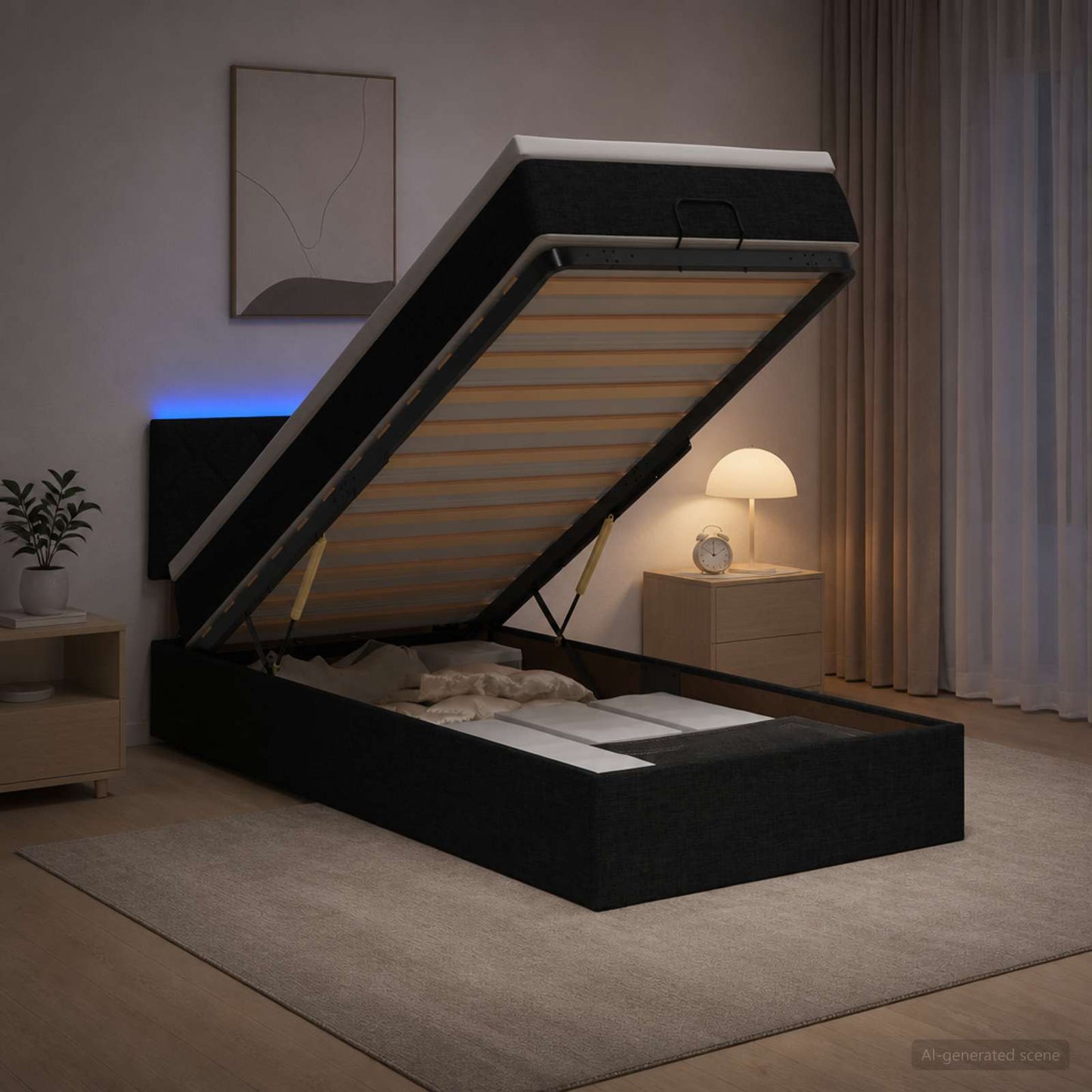 vidaXL Κρεβάτι Ottoman με Στρώμα και LED Μαύρο 80 x 200 cm Ύφασμα