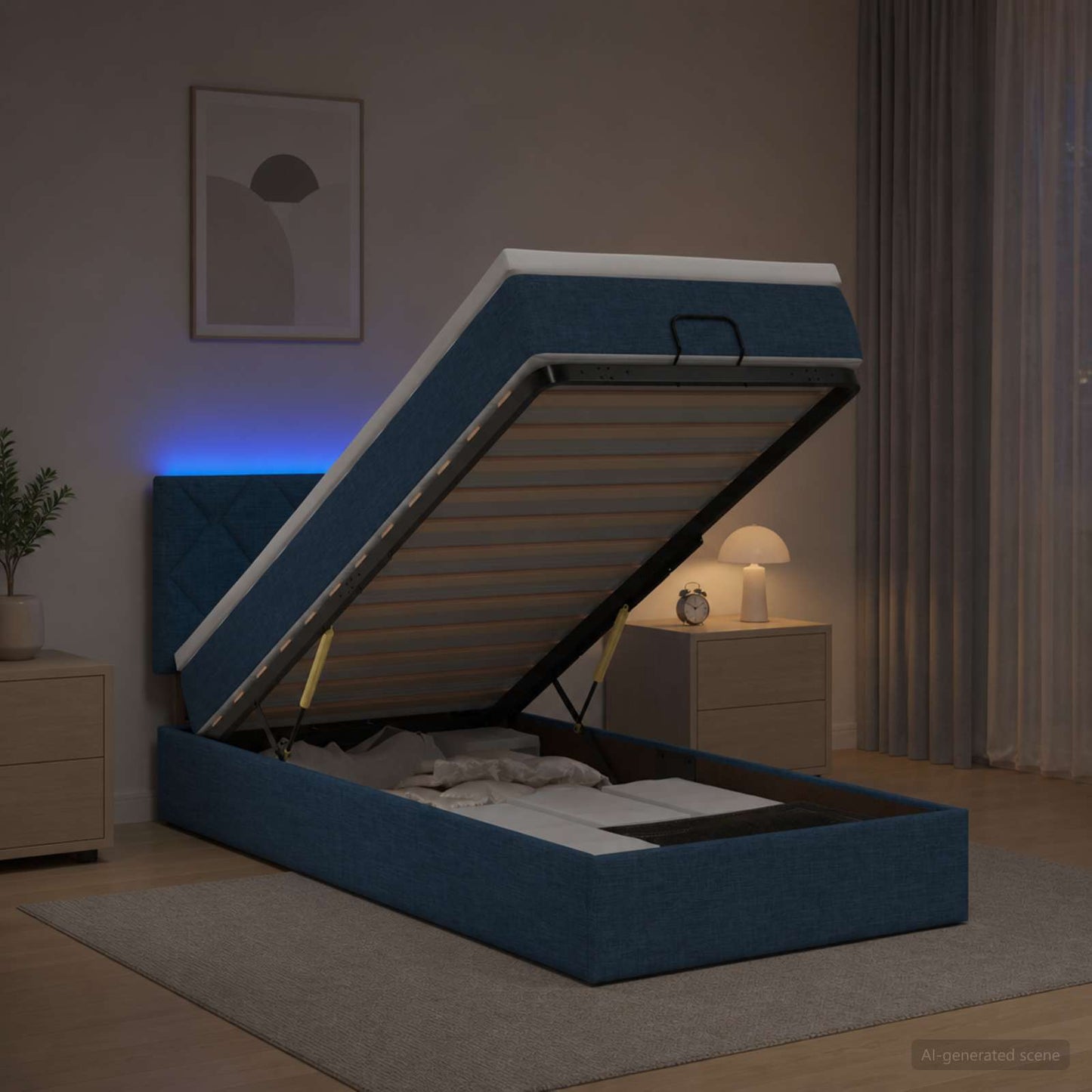 vidaXL Κρεβάτι Ottoman με Στρώμα και LED Μπλε 90 x 190 cm Ύφασμα