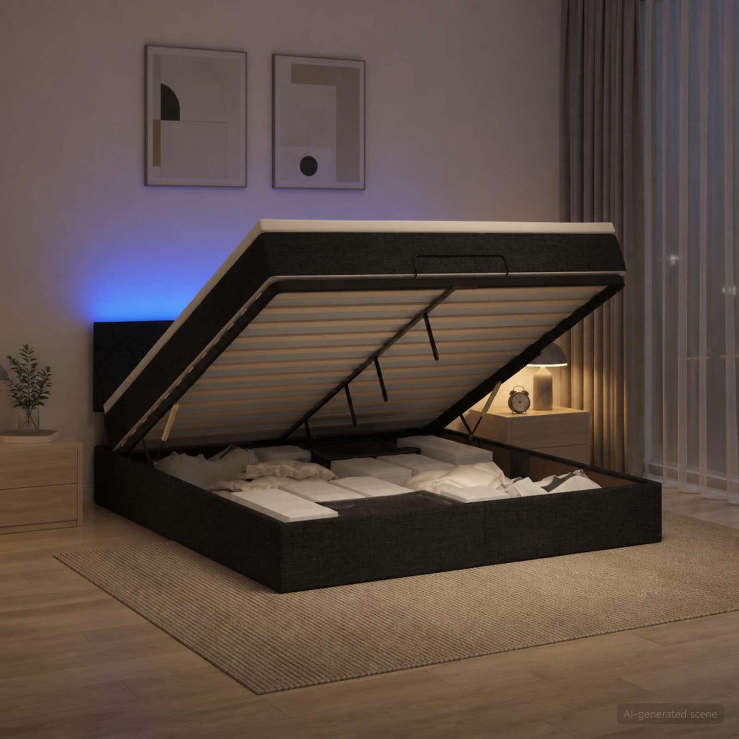 vidaXL Κρεβάτι Ottoman με Στρώμα και LED Μαύρο 160 x 200 cm Ύφασμα