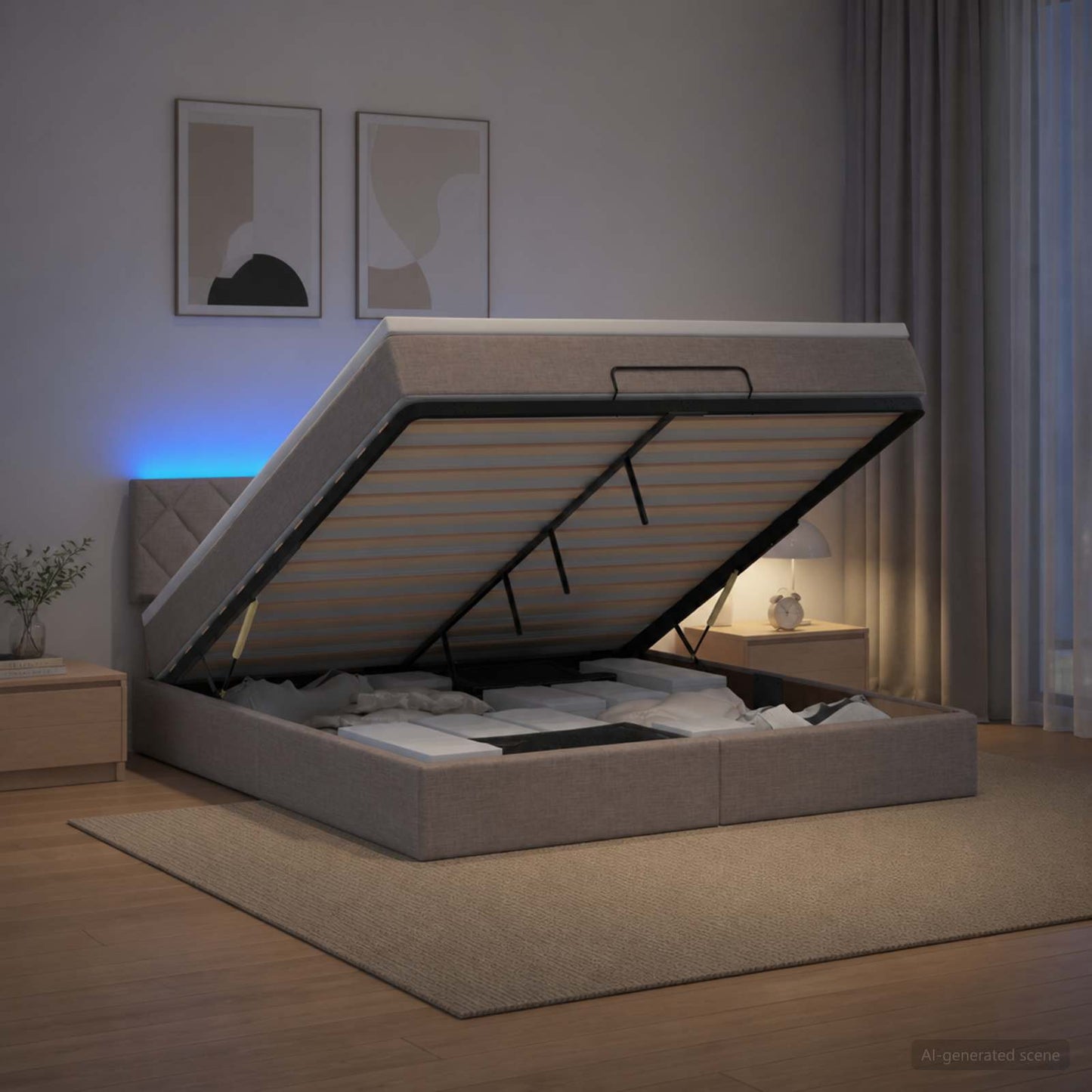 vidaXL Κρεβάτι Ottoman με Στρώμα και LED Taupe 140 x 200 cm Ύφασμα