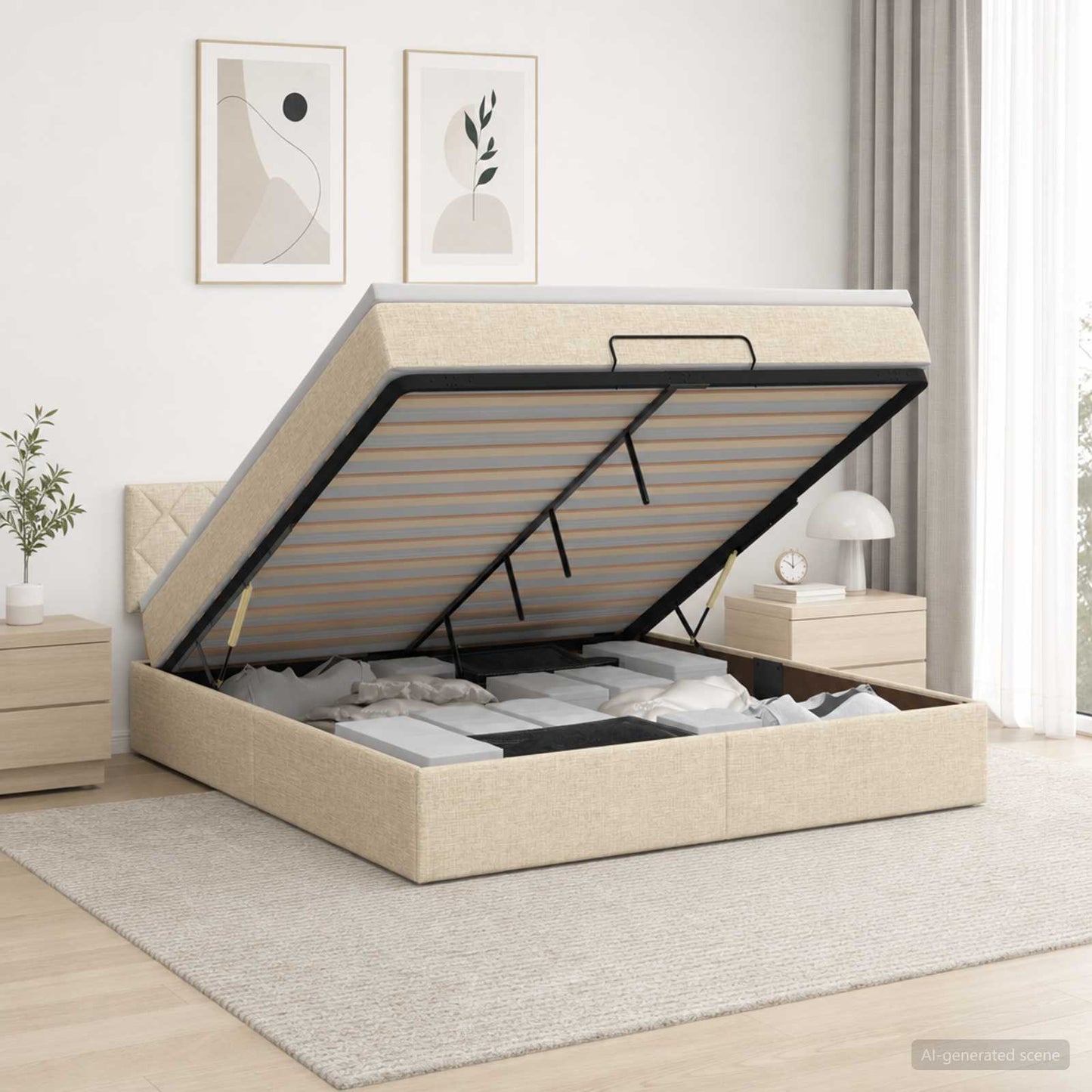 vidaXL Κρεβάτι Ottoman με Στρώμα και LED Κρεμ 180 x 200 cm Ύφασμα