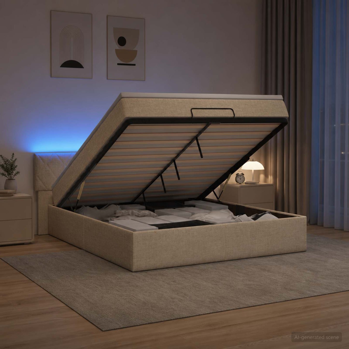 vidaXL Κρεβάτι Ottoman με Στρώμα και LED Κρεμ 180 x 200 cm Ύφασμα