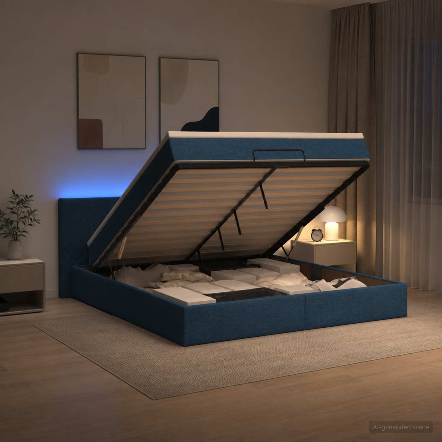 vidaXL Κρεβάτι Ottoman με Στρώμα και LED Μπλε 160 x 200 cm Ύφασμα