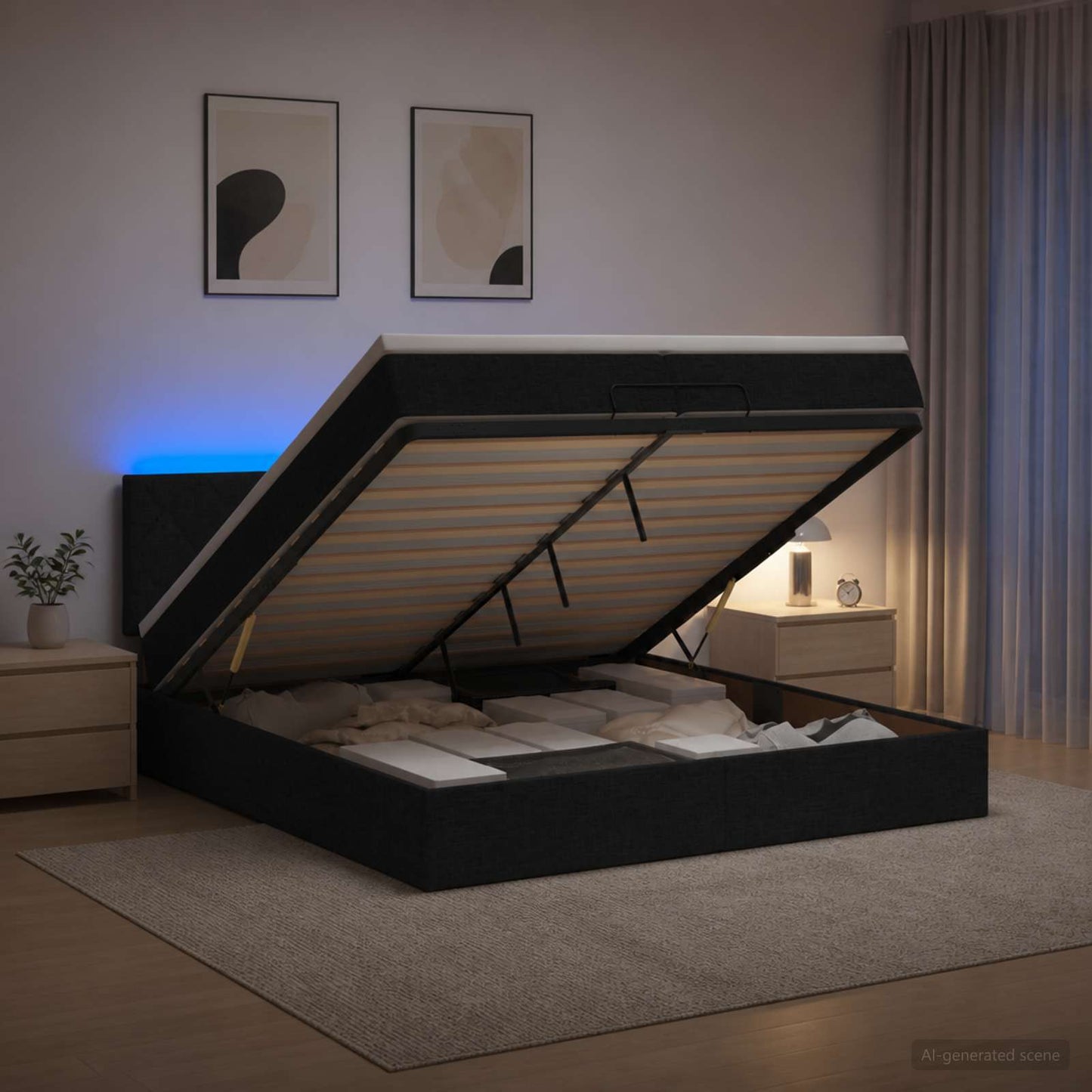 vidaXL Κρεβάτι Ottoman με Στρώμα και LED Μαύρο 200 x 200 cm Ύφασμα